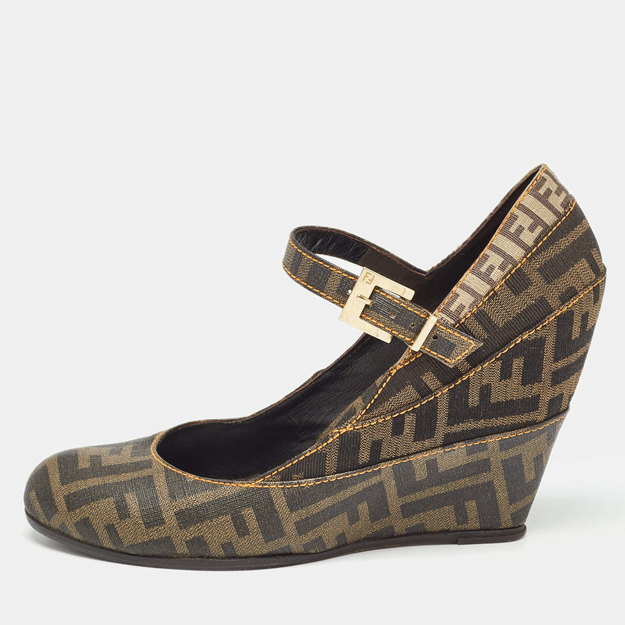 Pre Owned Fendi Tobacco Zucca Coated Canvas Wedge Strap Pumps Size 39