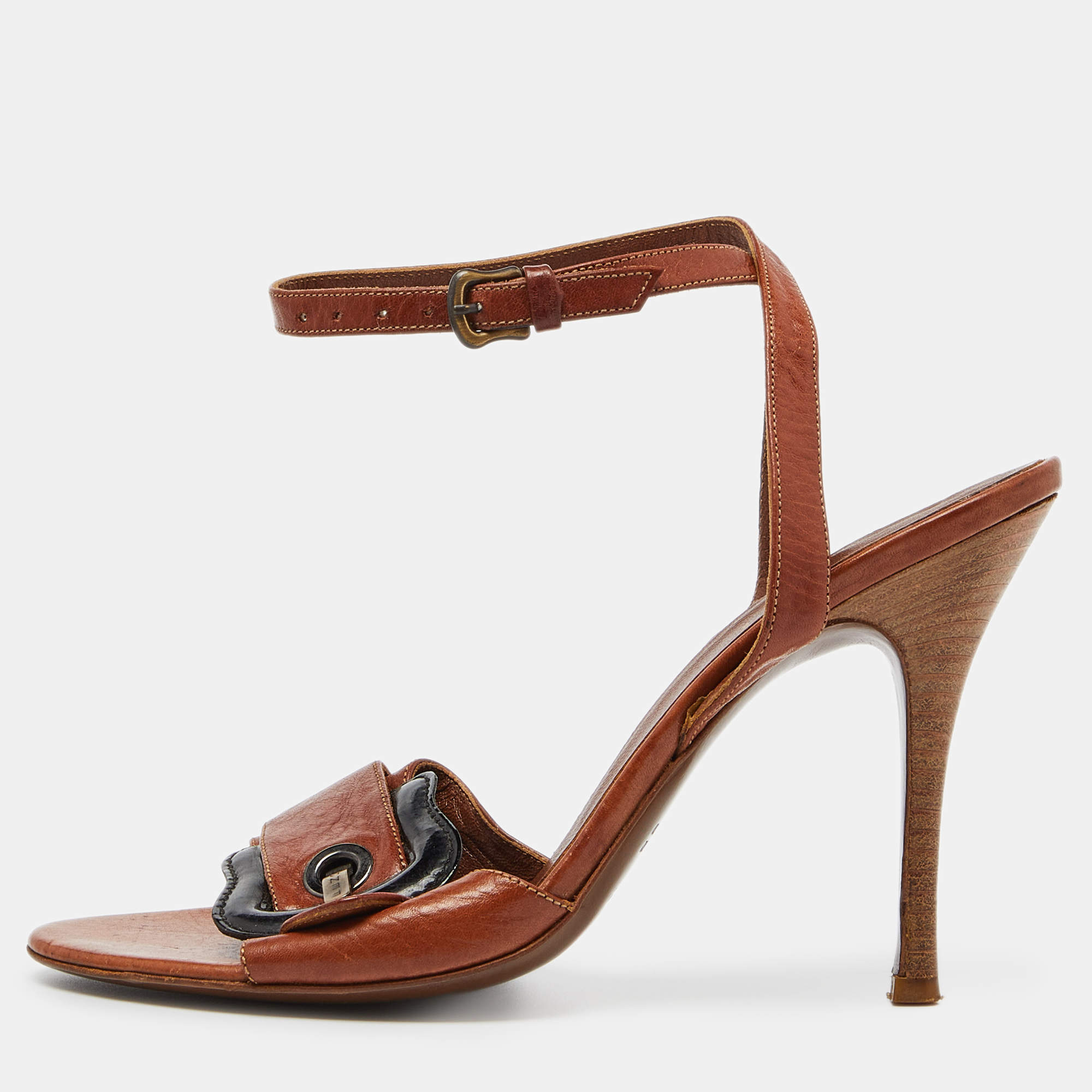 Fendi Brown Leather Buckle Detail Ankle Strap Sandals Size 37