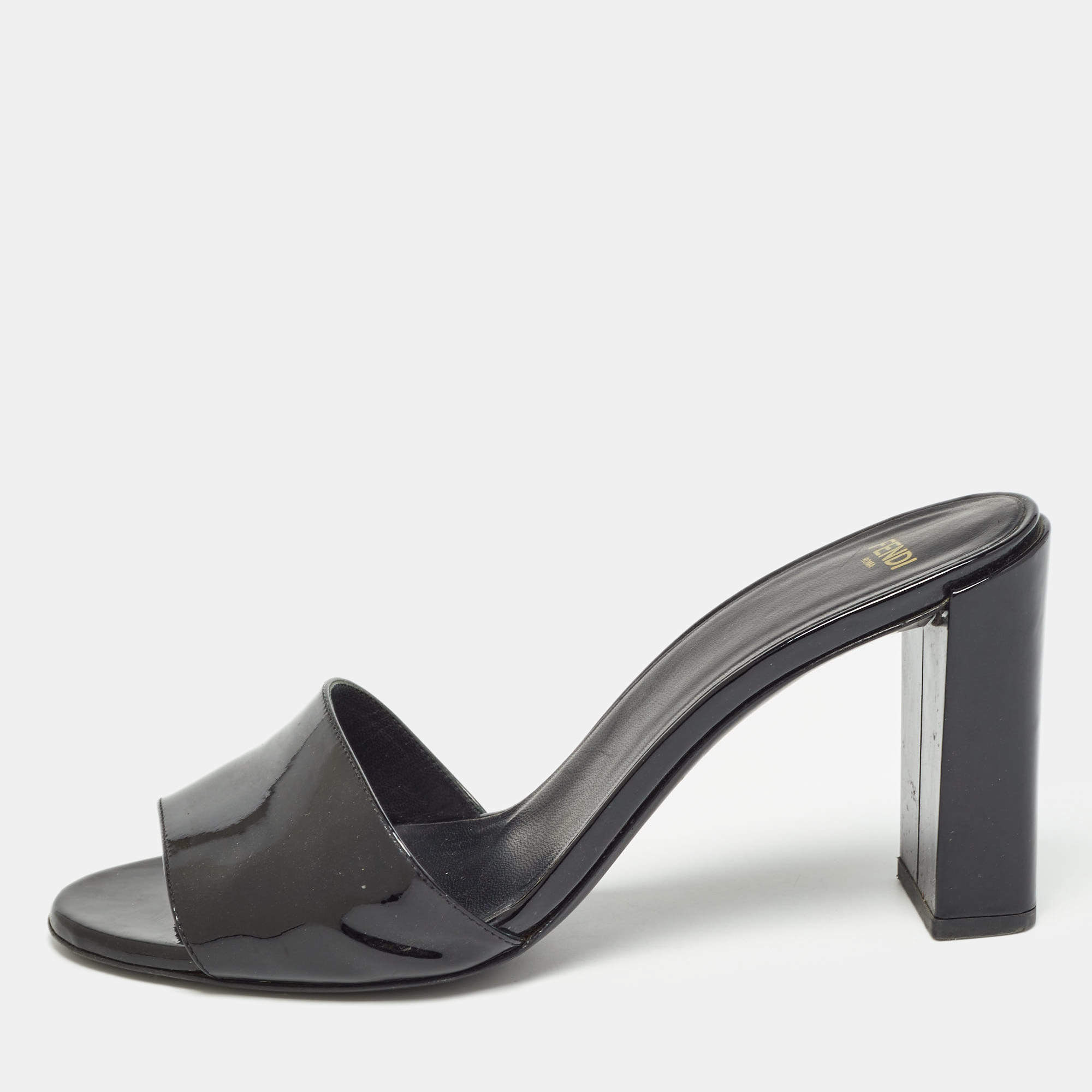 Fendi Black Patent Leather Open Toe Slide Sandals Size 39