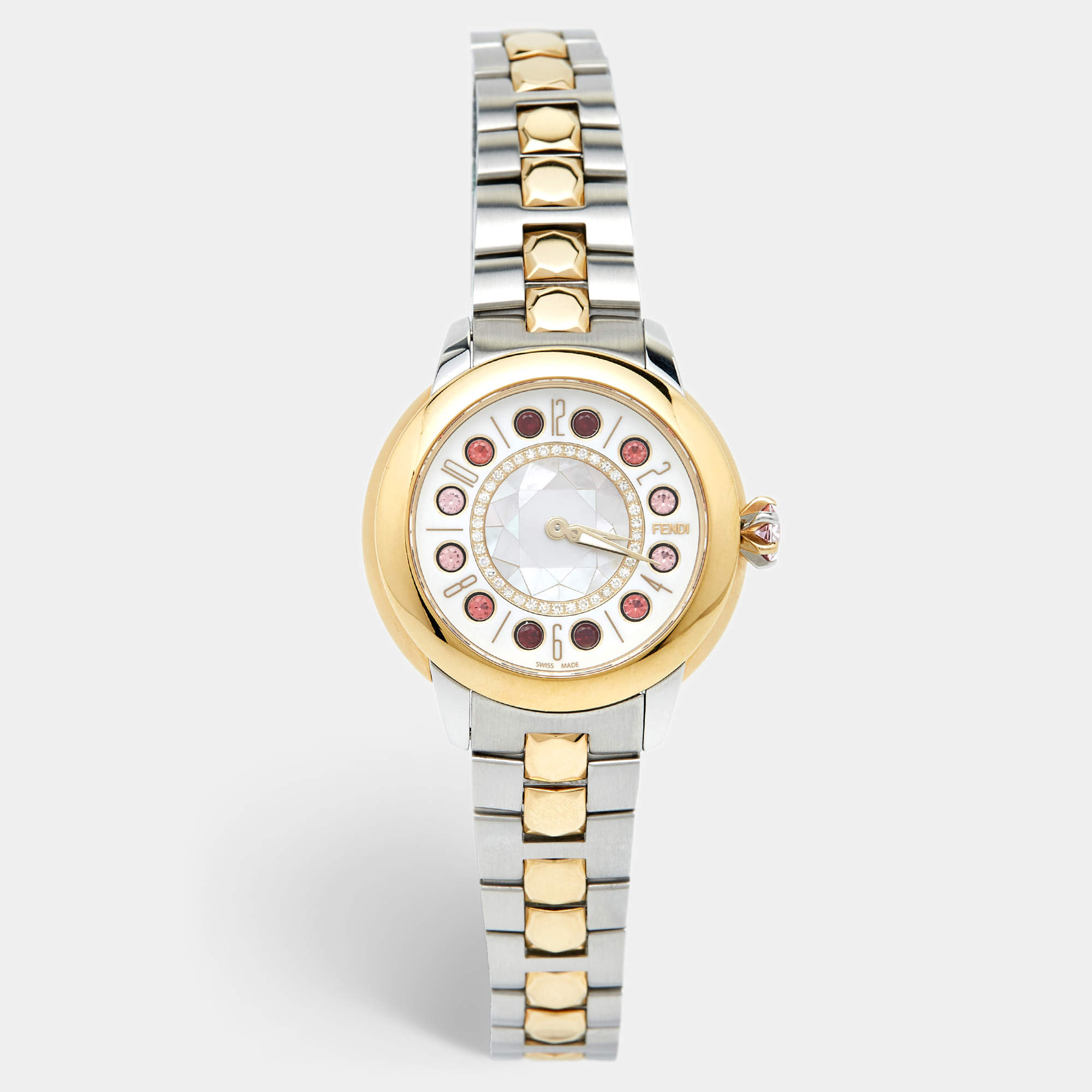 Pre Owned Fendi Mother of Pearl Diamond Topaz Two-Tone Stainless Steel IShine F121124500T01 Women's Wristwatch 33.50 mm