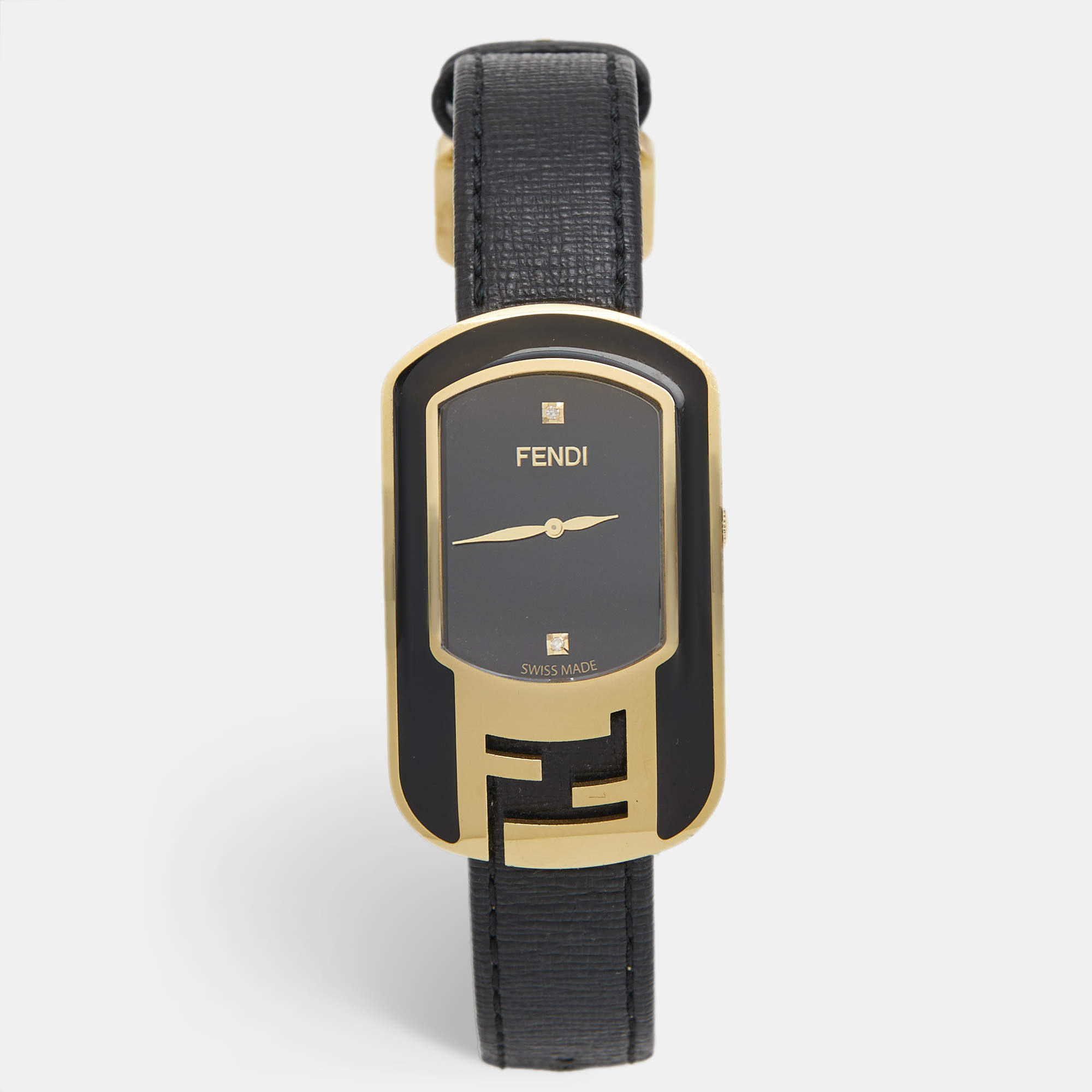 Pre Owned Fendi Black Diamond Gold Plated Stainless Steel Leather Chameleon 30000M Women's Wristwatch 29 mm