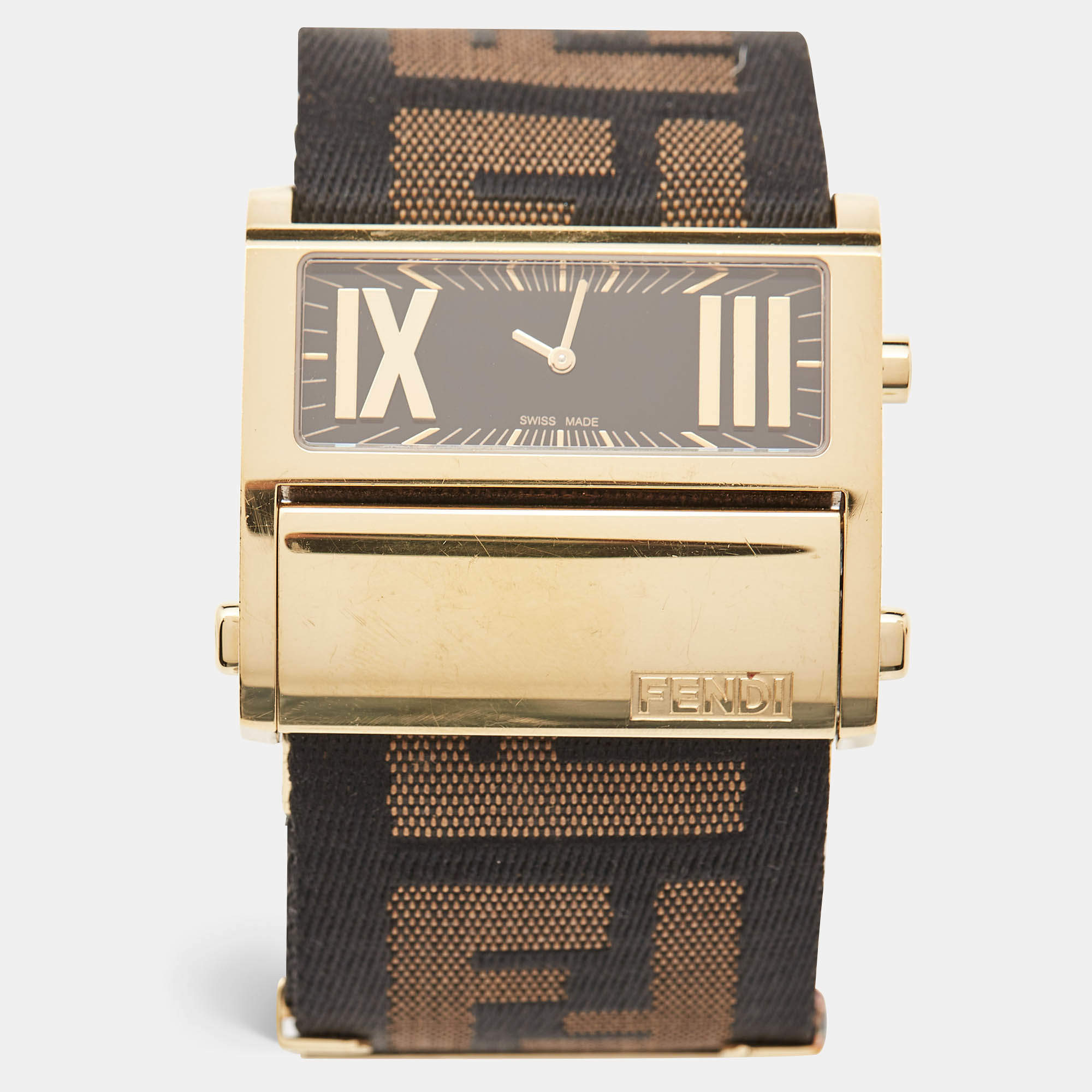 Pre Owned Fendi Black Gold Plated Stainless Steel Zip Code 1130G Women's Wristwatch 45.50 mm