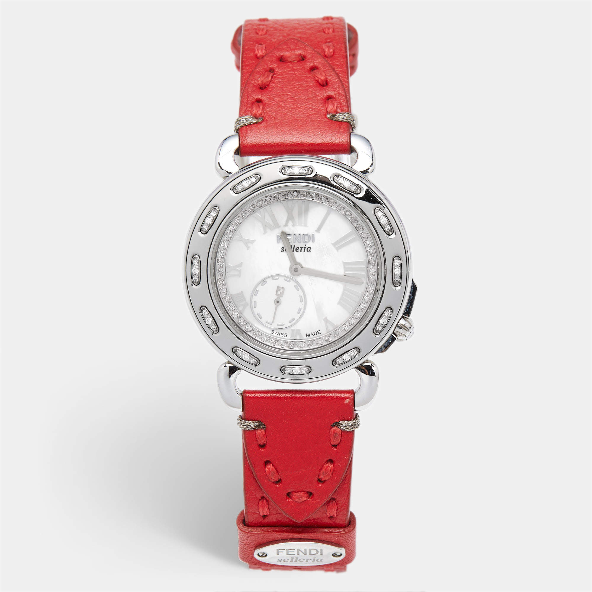 Pre Owned Fendi Mother of Pearl Diamond Stainless Steel Leather Selleria 8100M Women's Wristwatch 37 mm