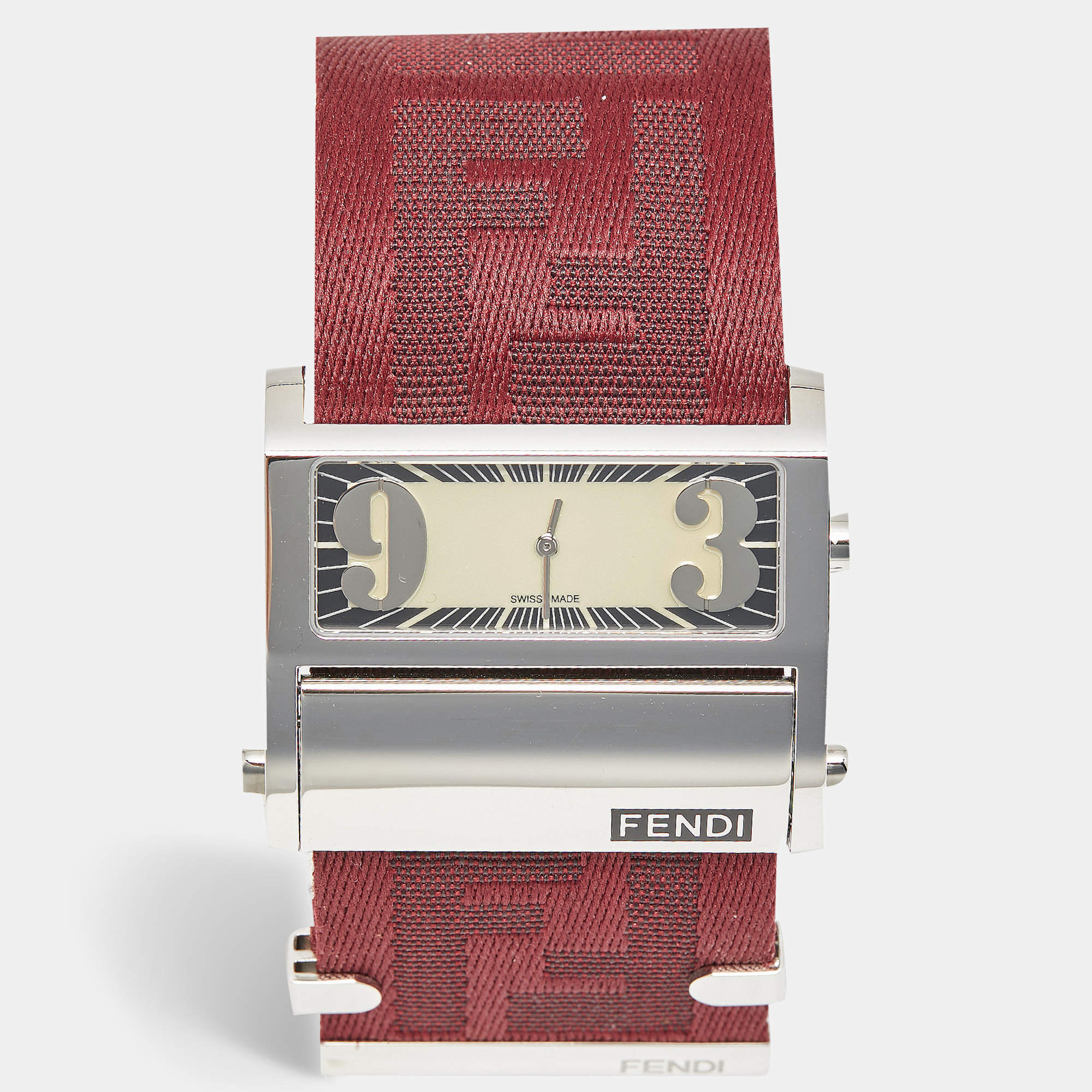 Pre Owned Fendi Zip Code 1120G Cream Dial Stainless Steel Canvas Women's Wristwatch 45.50 mm