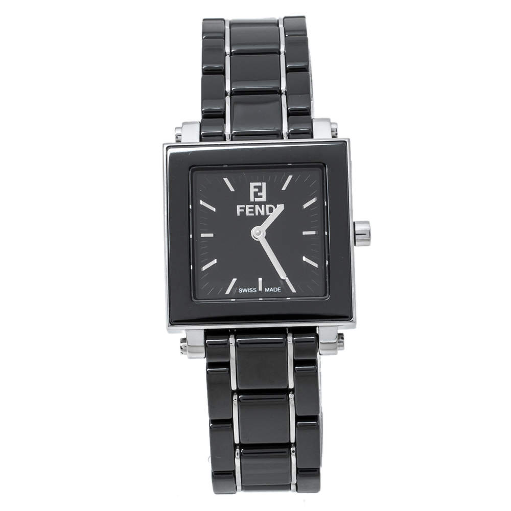 Pre Owned Fendi Black Ceramic and Stainless Steel Quadro 6200L Women's Wristwatch 25 mm