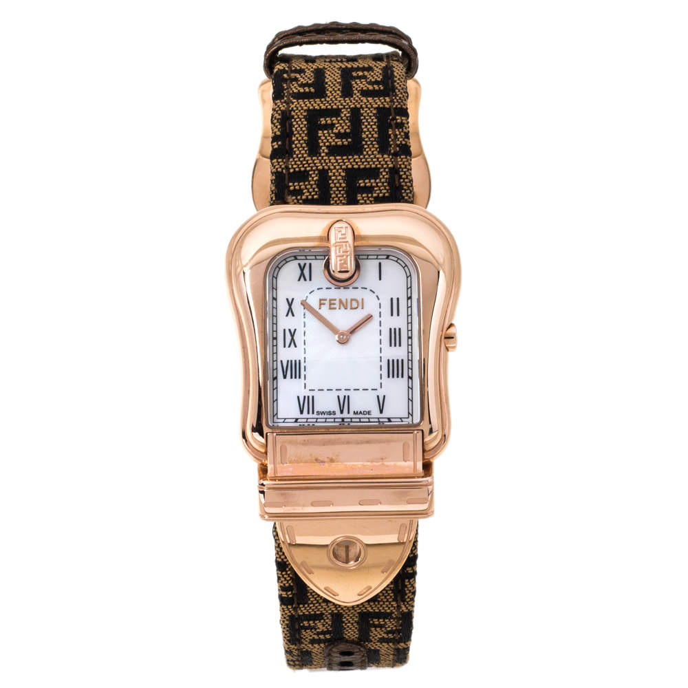 Pre Owned Fendi Mother of Pearl Gold Plated Stainless Steel and Canvas B.Fendi 3800G Women's Wristwatch 33 mm