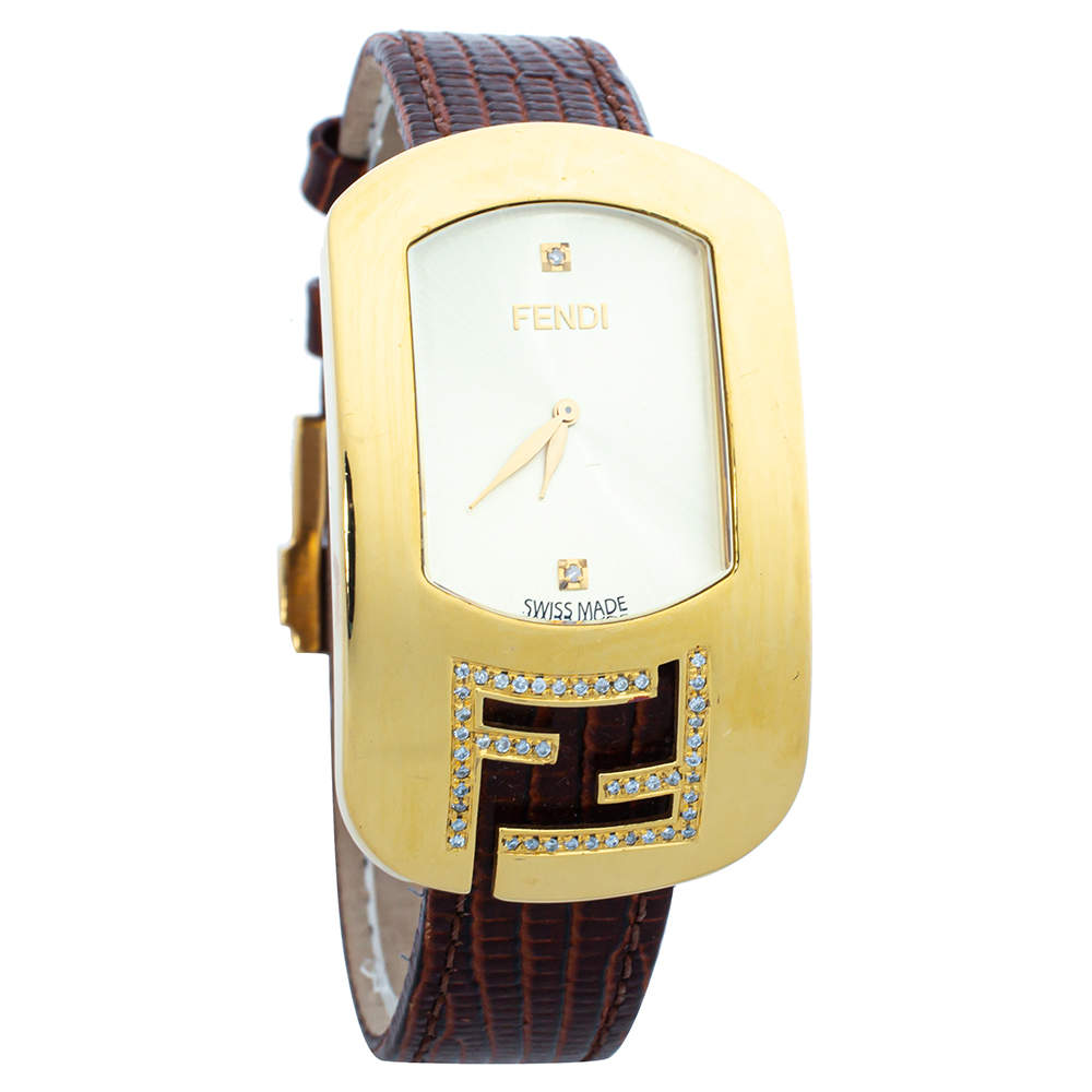 Fendi Champagne Gold Plated Steel Leather Diamond Chameleon 30000M Women's Wristwatch 29 mm