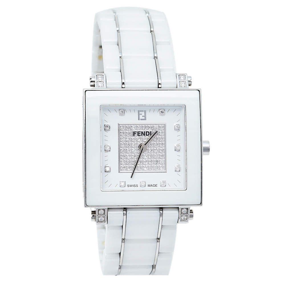 Pre Owned Fendi White Ceramic And Stainless Steel Diamonds Quadro 6200G Women's Wristwatch 30 mm