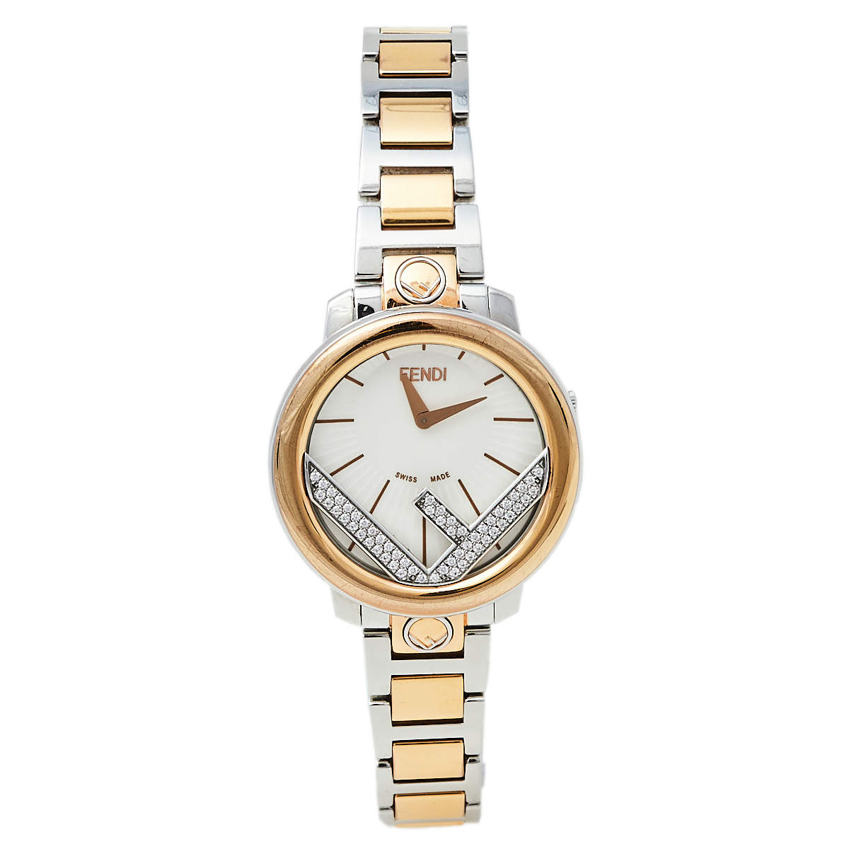 Pre Owned Fendi White Two-Tone Stainless Steel Diamonds Runaway 71000S Women's Wristwatch 28 mm