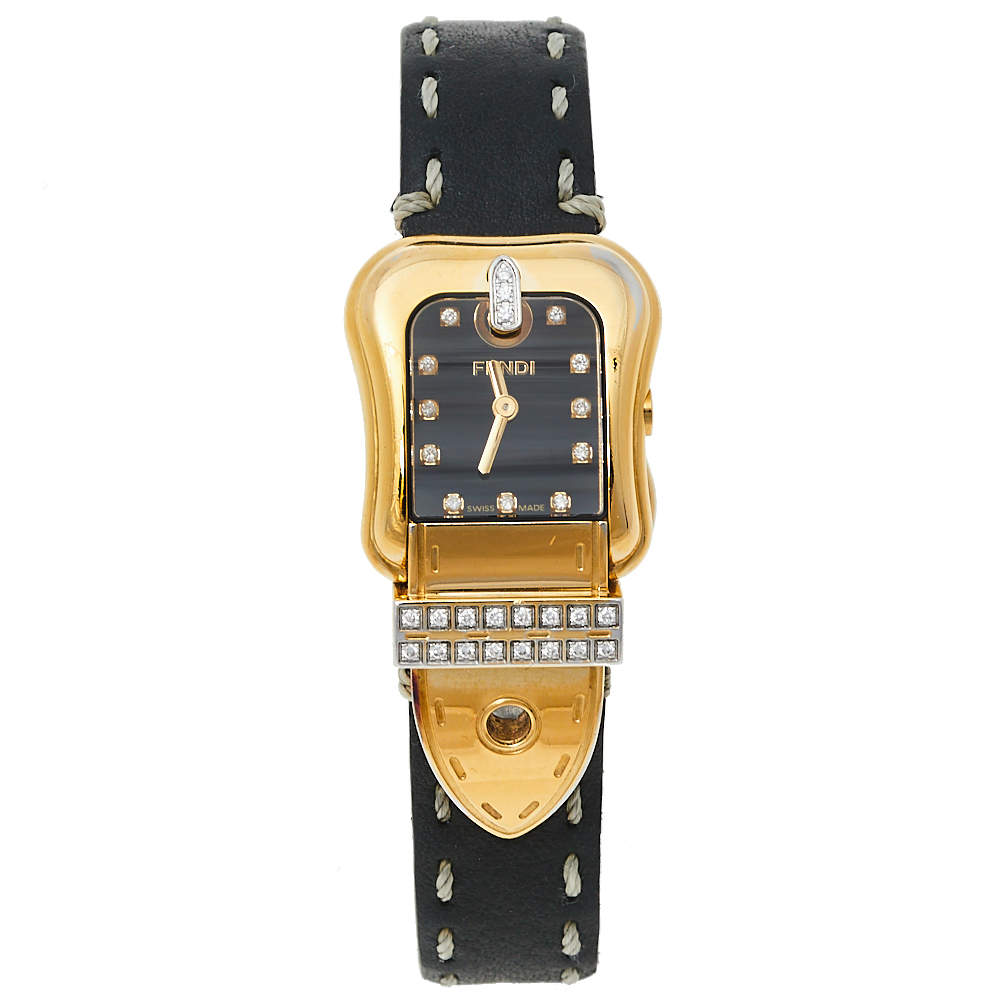 Pre Owned Fendi Black Gold Tone Stainless Steel Leather 3800L Women's Wristwatch 23 mm