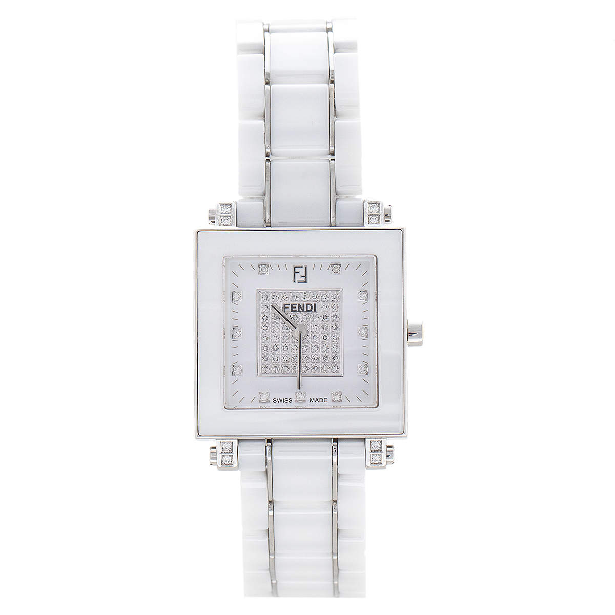 Fendi White Ceramic And Stainless Steel Diamonds Quadro 6200G Women's Wristwatch 30 mm