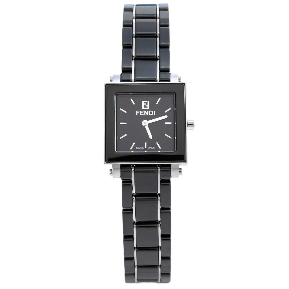 Pre Owned Fendi Black Ceramic & Stainless Steel Quadro 6200L Women's Wristwatch 25 mm