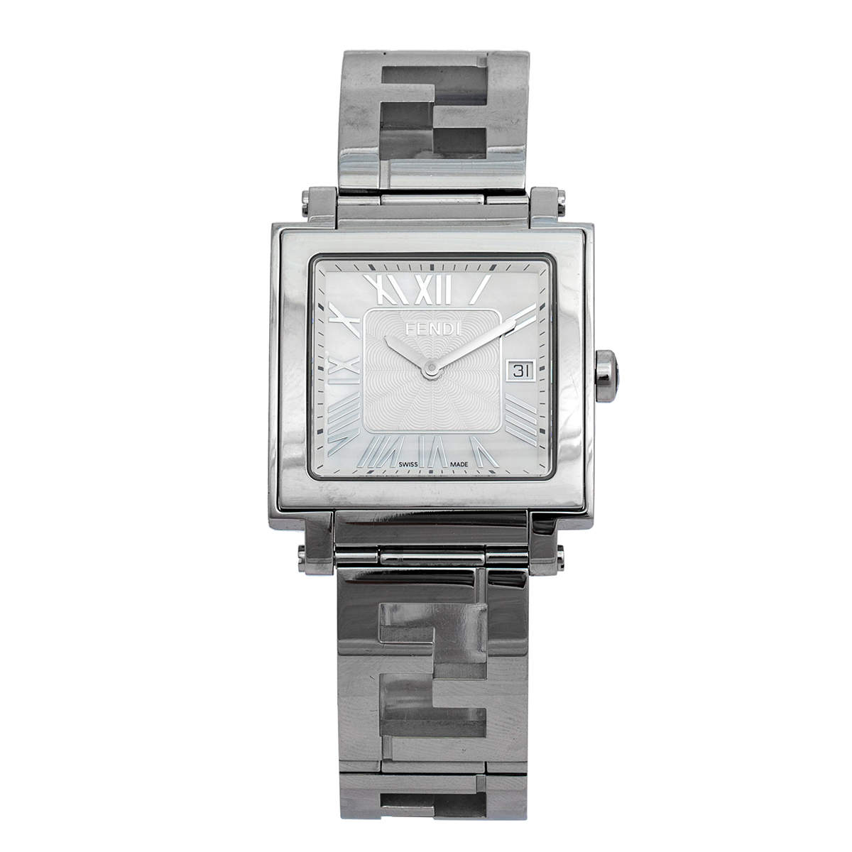 Pre Owned Fendi Mother of Pearl Stainless Steel Quadro 60500G Women's Wristwatch 33 mm 