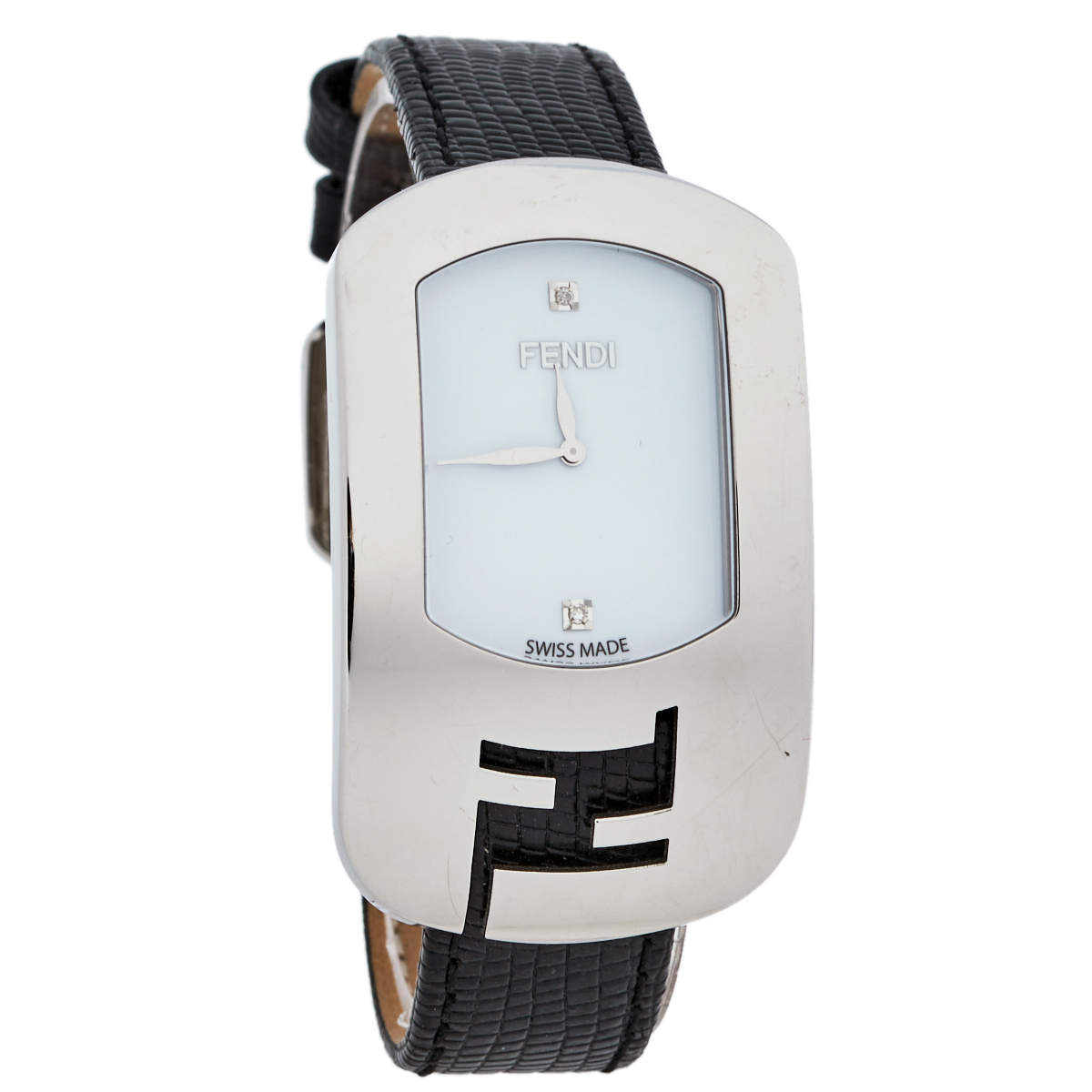 Fendi White Stainless Steel Lizard Skin Leather Diamond Chameleon 30000M Women's Wristwatch 29 mm
