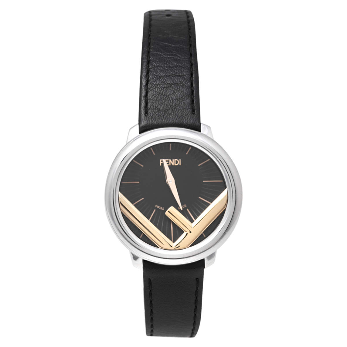 Pre Owned Fendi Black Two-Tone Stainless Steel Leather Run Away 71000M Women's Wristwatch 36 mm