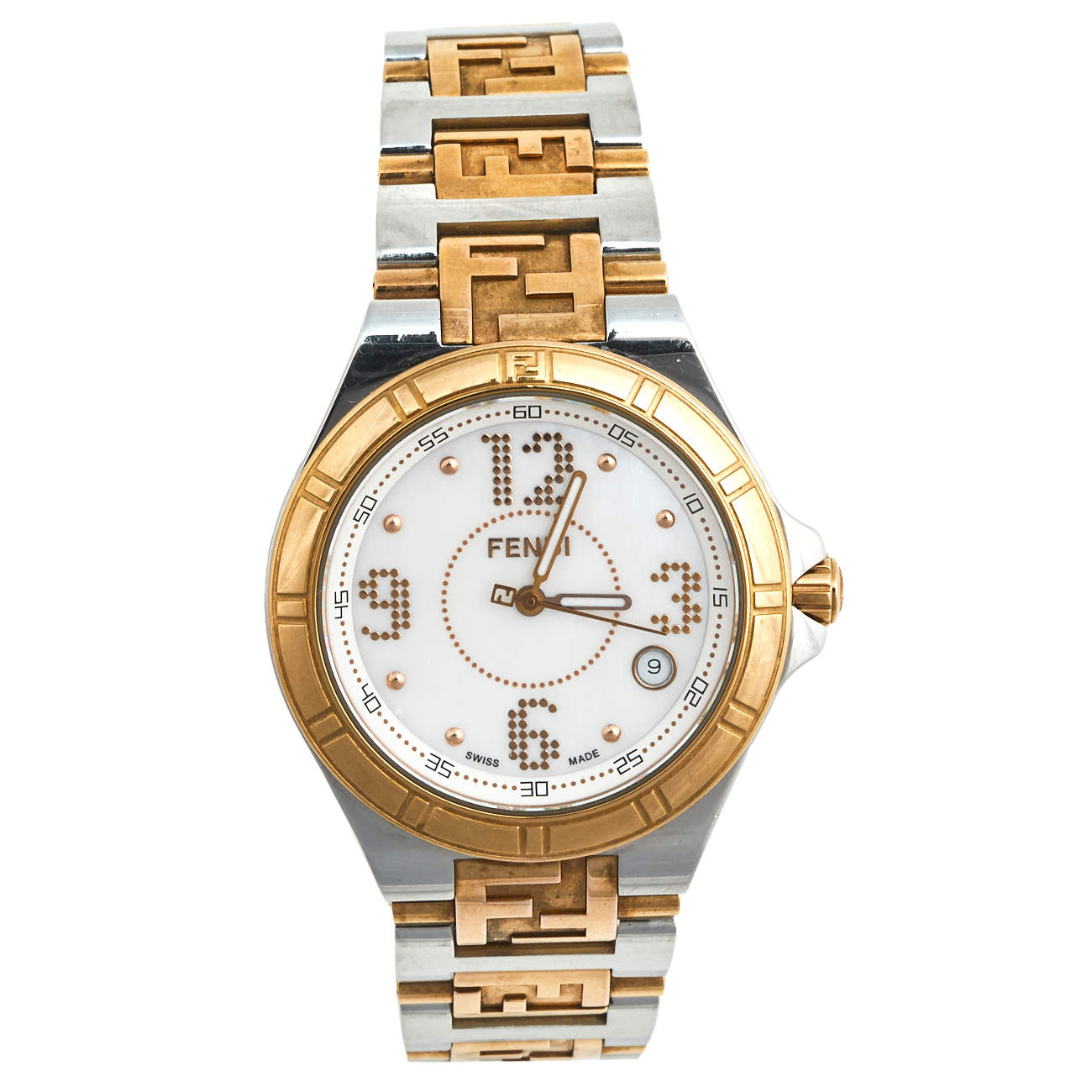 Pre Owned Fendi Mother Of Pearl Two Tone Stainless Steel High Speed 4600M Women's Wristwatch 34 mm