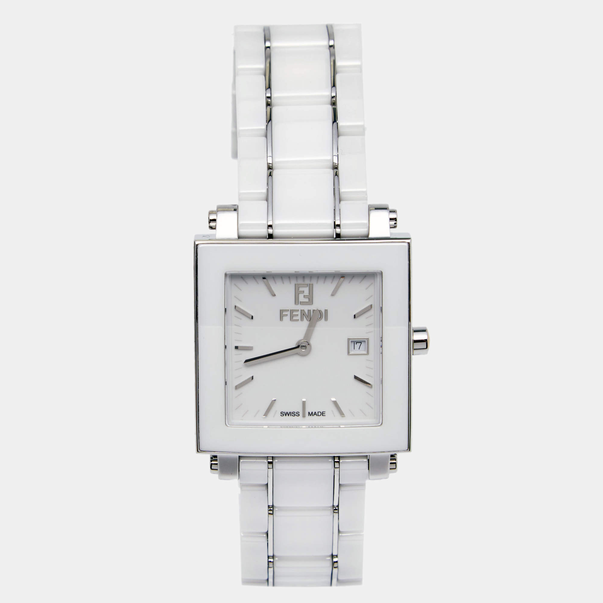 Pre Owned Fendi White Ceramic Stainless Steel Quadro 6200G Unisex Wristwatch 30 mm
