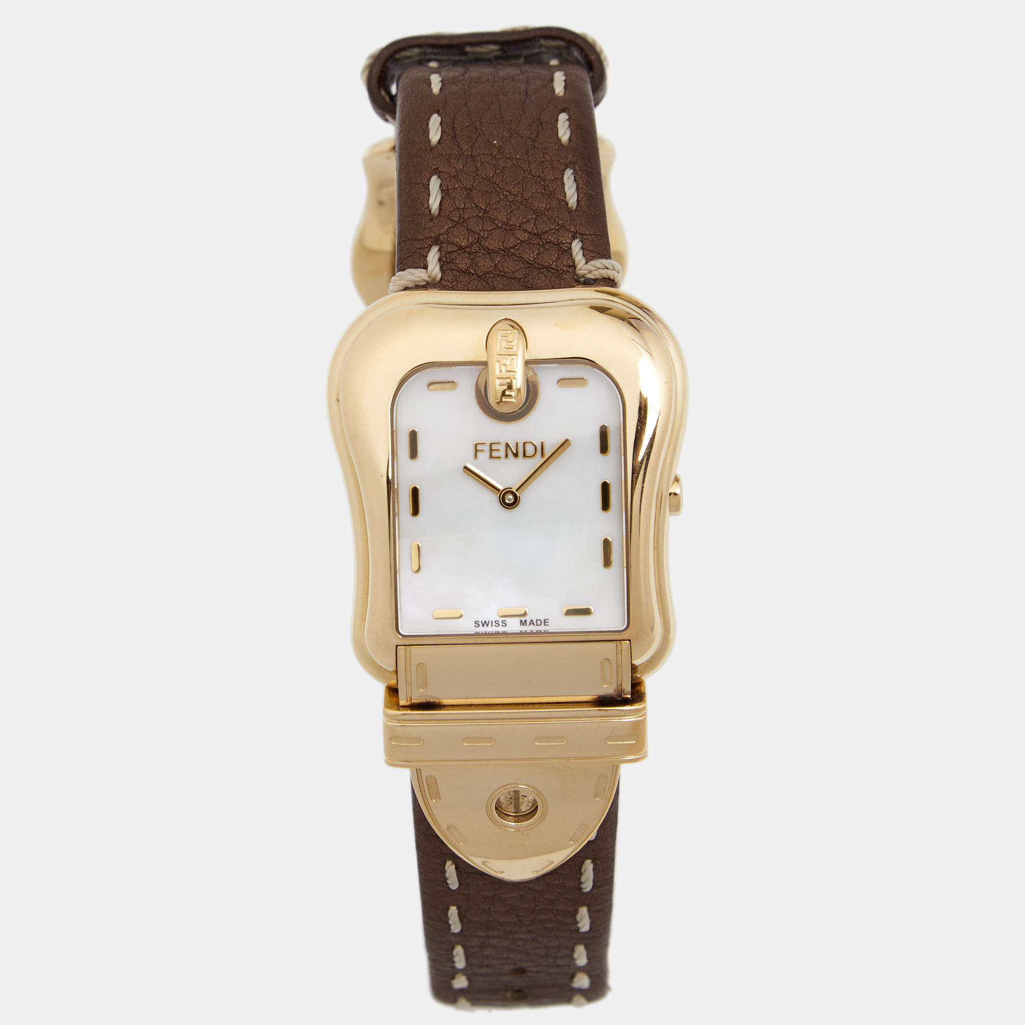 Pre Owned Fendi Mother of Pearl Gold Plated Stainless Steel Leather B.Fendi 3800G Women's Wristwatch 33 mm