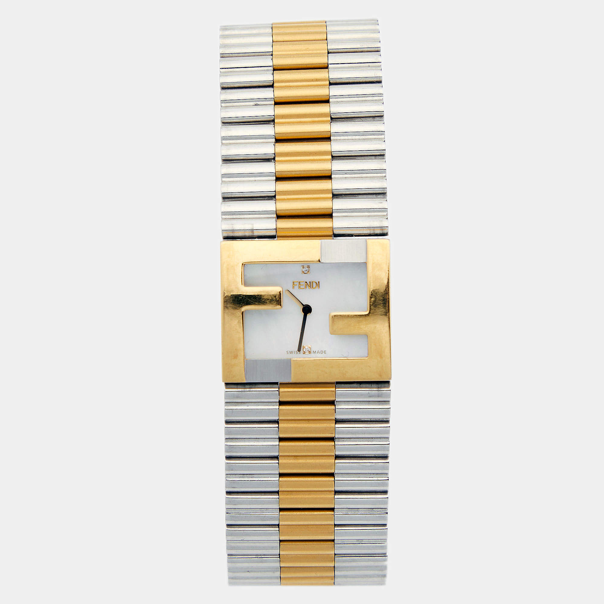 Fendi Mother of Pearl Two Tone Stainless Steel Diamond Fendimania Women's Wristwatch 24 mm