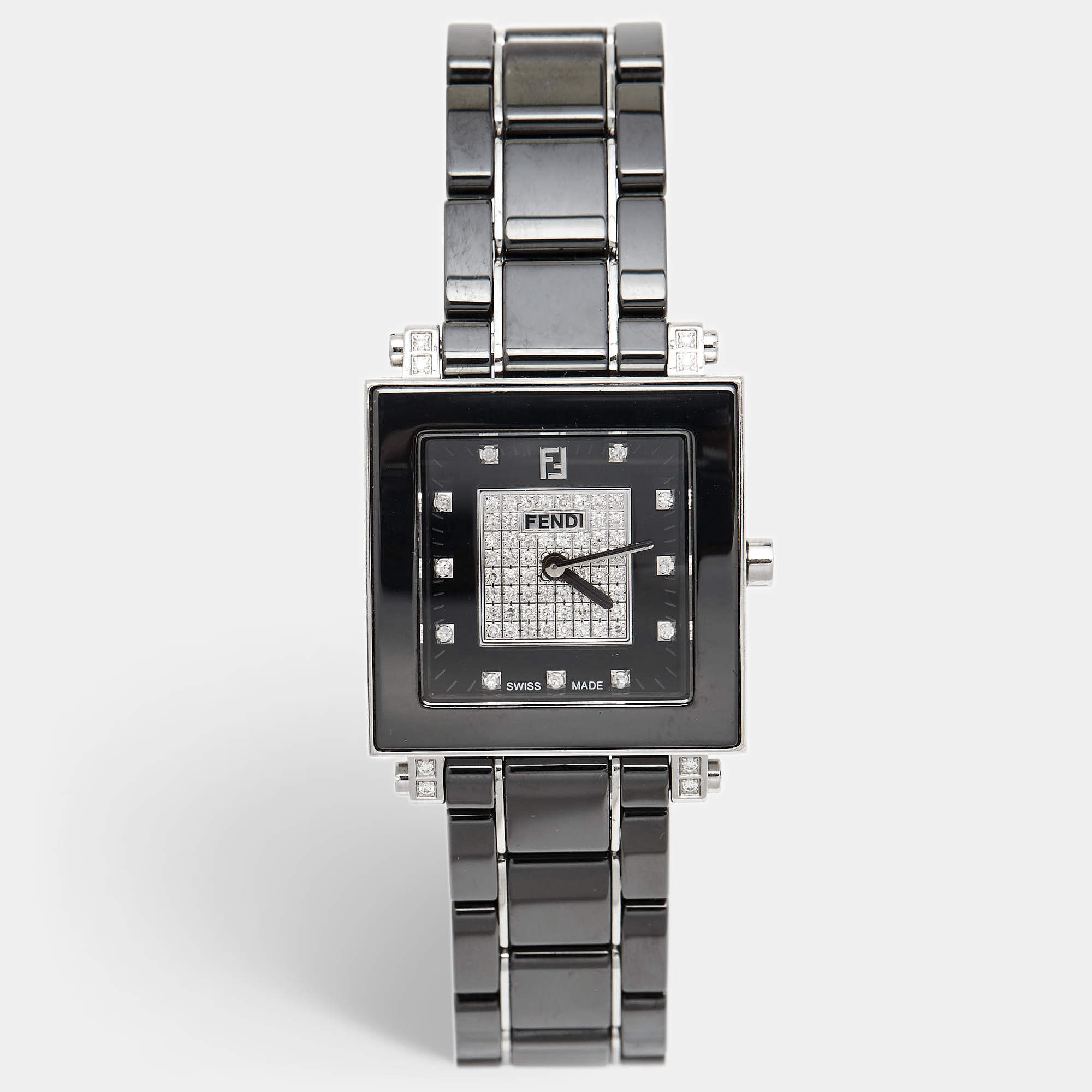 Pre Owned Fendi Black Ceramic Stainless Steel Diamond Quadro 6200G Women's Wristwatch 30 mm