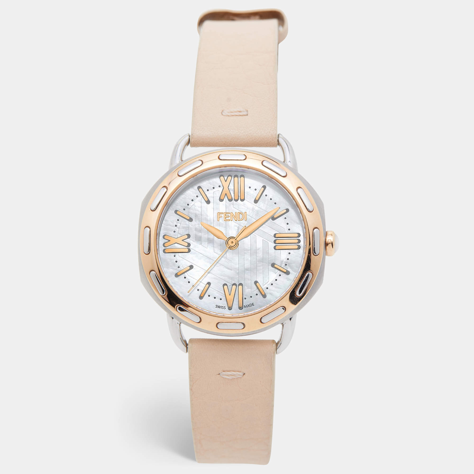 Pre Owned Fendi Mother of Pearl Two Tone Stainless Steel Selleria Leather 80200M Women's Wristwatch 36 mm