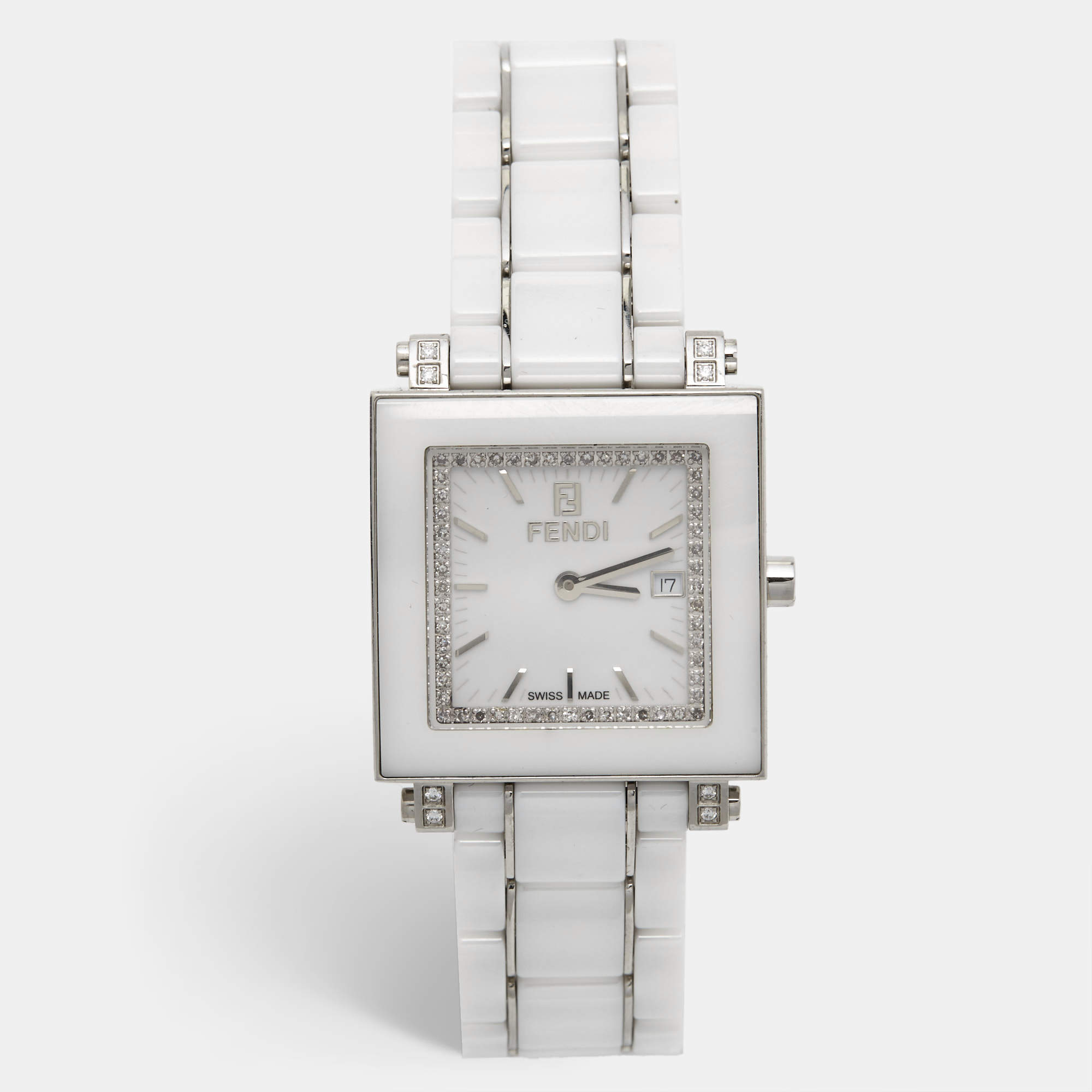 Pre Owned Fendi White Ceramic Diamonds Stainless Steel Quadro 6200G Women's Wristwatch 30 mm