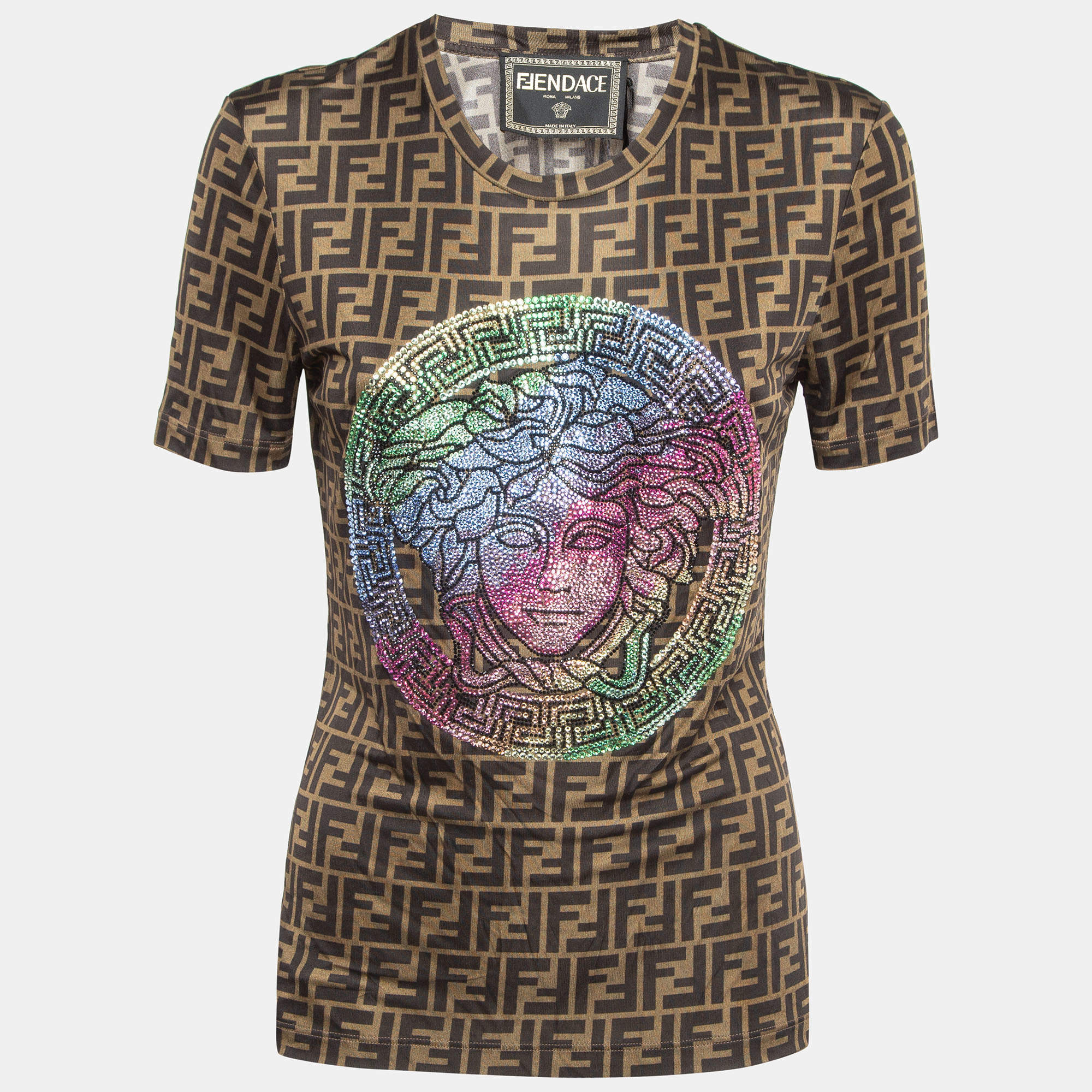 Fendi x Versace Brown Monogram Jersey Crystal Embellished T-Shirt M
