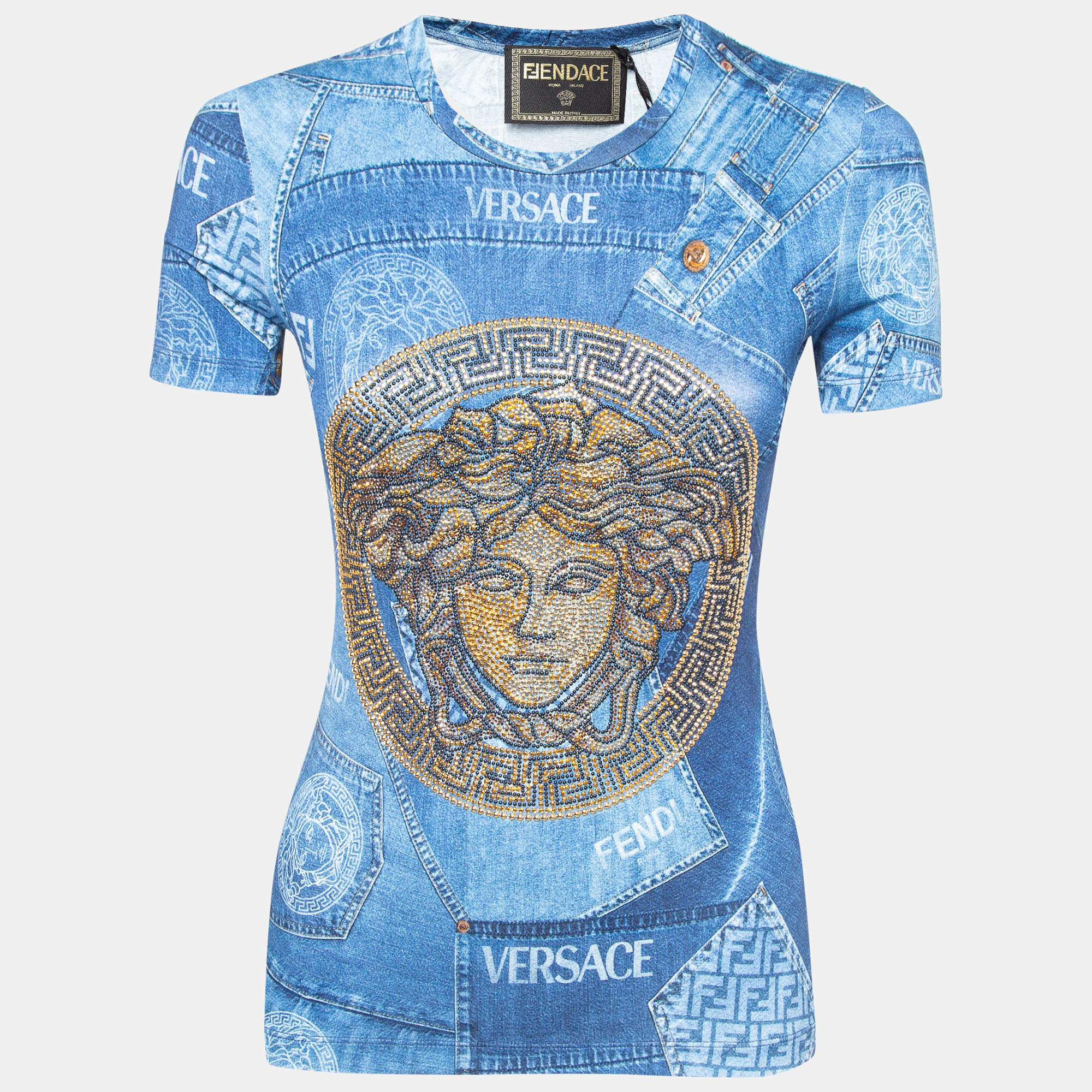 Fendi x Versace Blue Denim Print Logo Embellished Jersey T-Shirt M