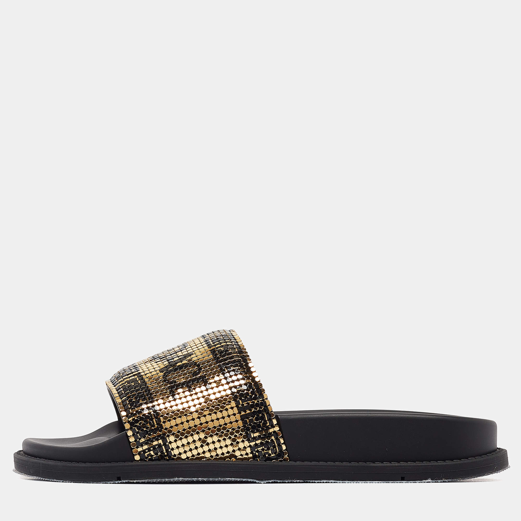 Fendi X Versace Gold Metal and Rubber Flat Slides Size 35