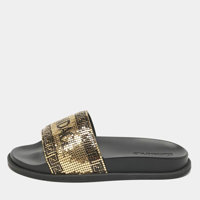 Pre Owned Fendi x Versace Gold/Black Metal Mesh Pool Slides Size 38