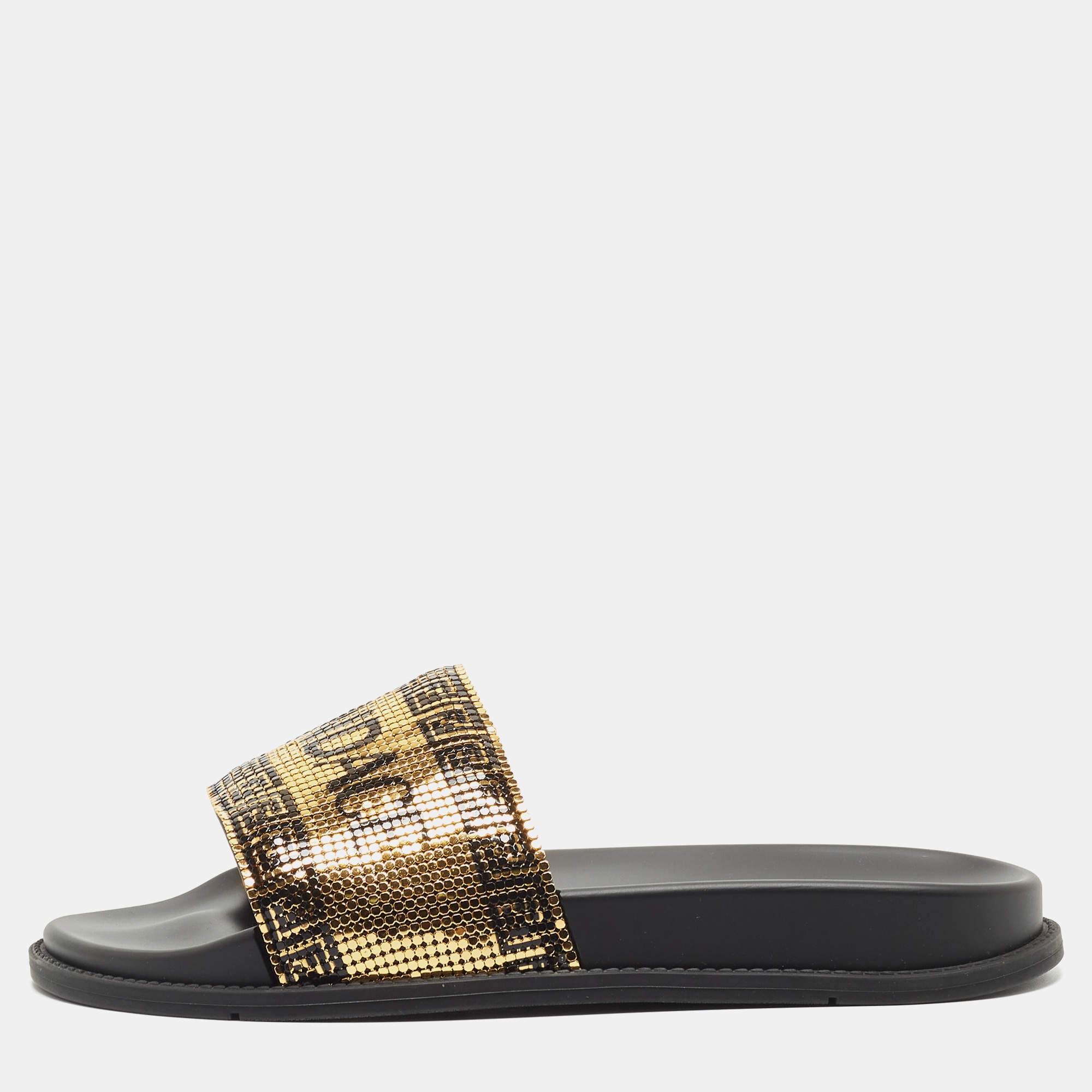 Pre Owned Fendi x Versace Gold Metal and Rubber Flat Slides Size 41