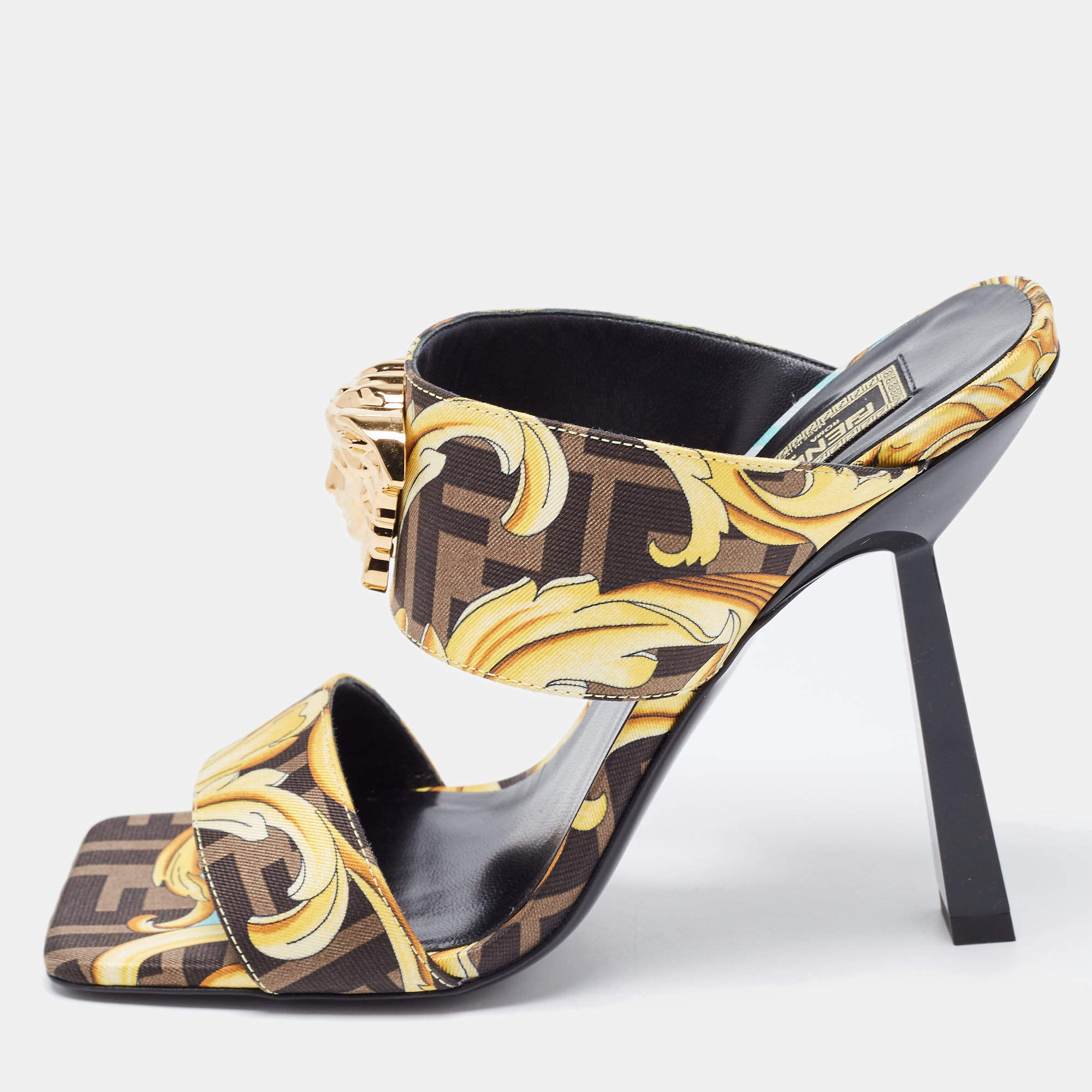 Fendi x Versace Yellow/Black Canvas Medusa Slides Size 38 