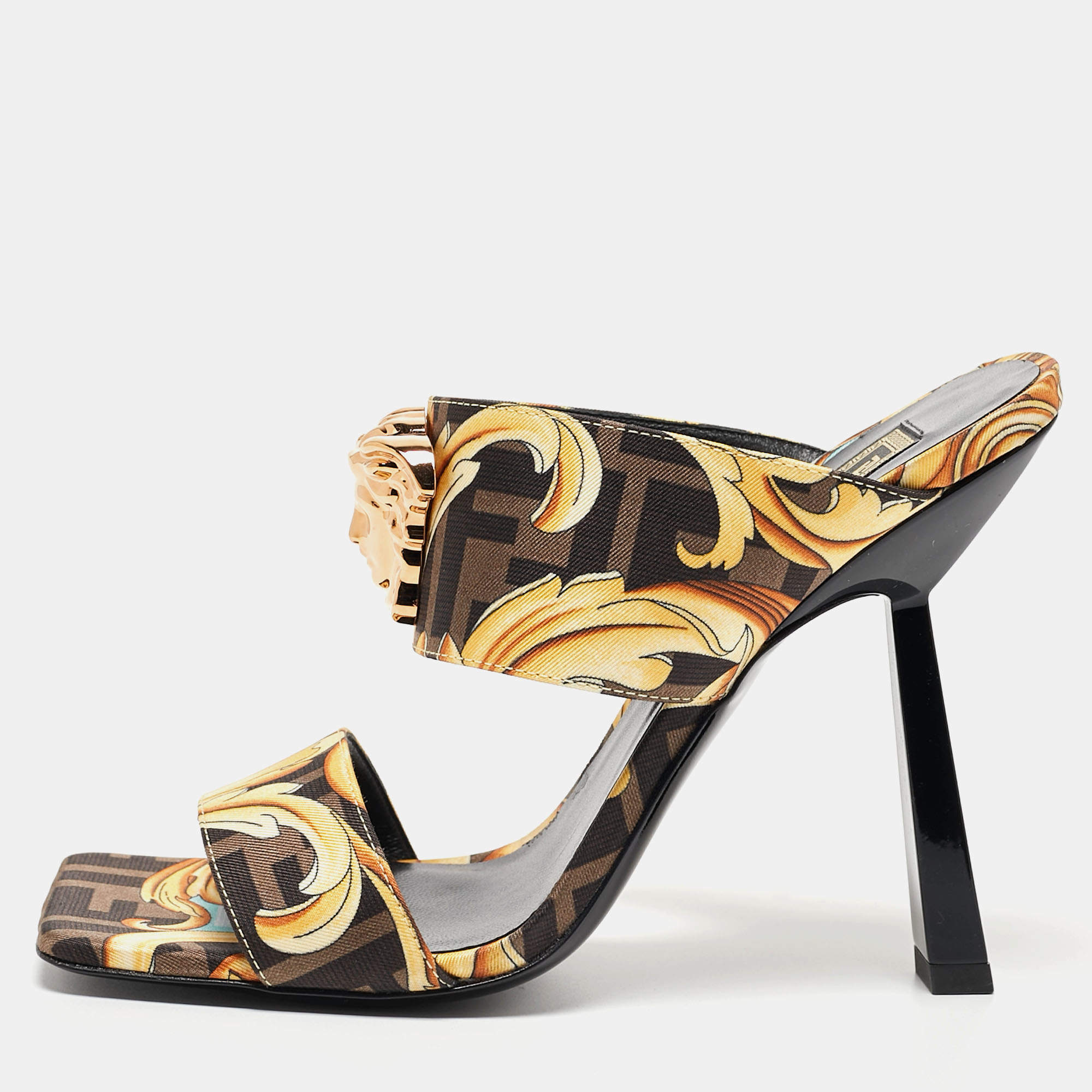 Fendi x Versace Black/Yellow Zucca Canvas Medusa Logo Slide Sandals Size 37