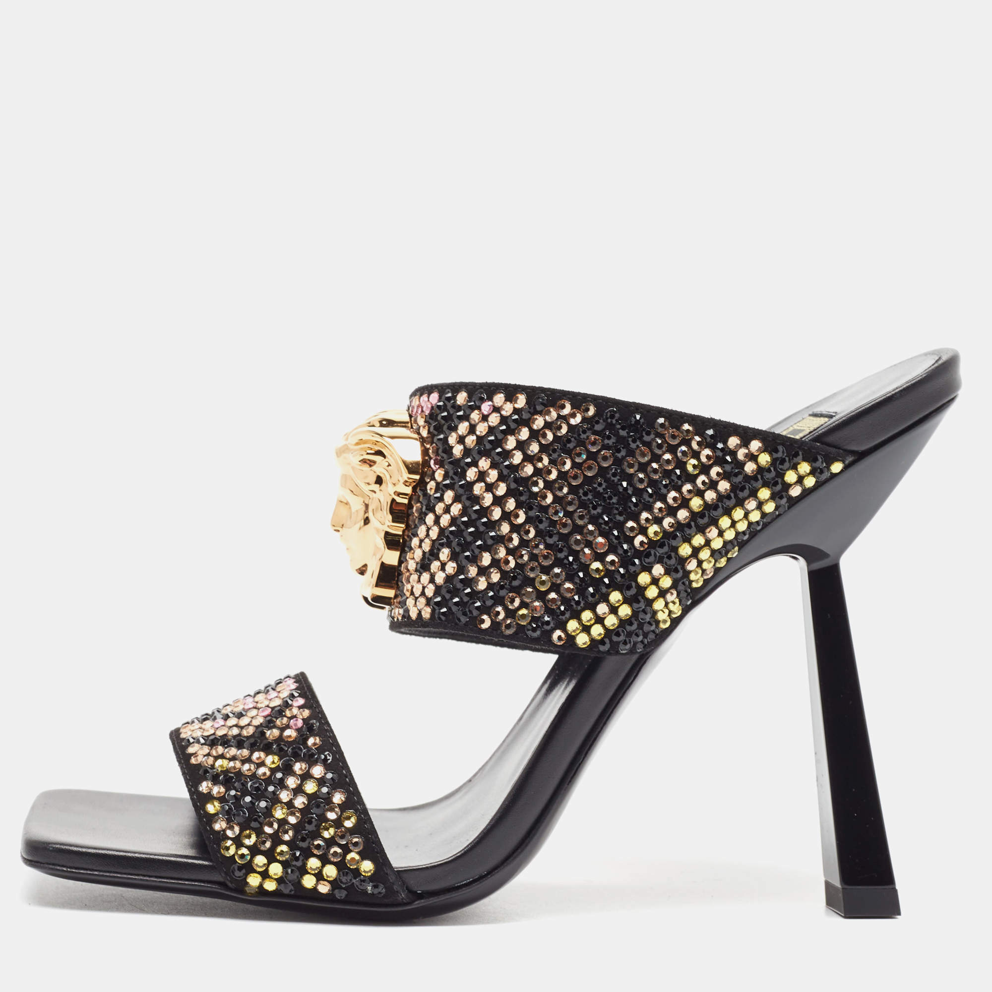 Fendi x Versace Fendace Black/Gold Suede Crystal Embellished Slide Sandals Size 36