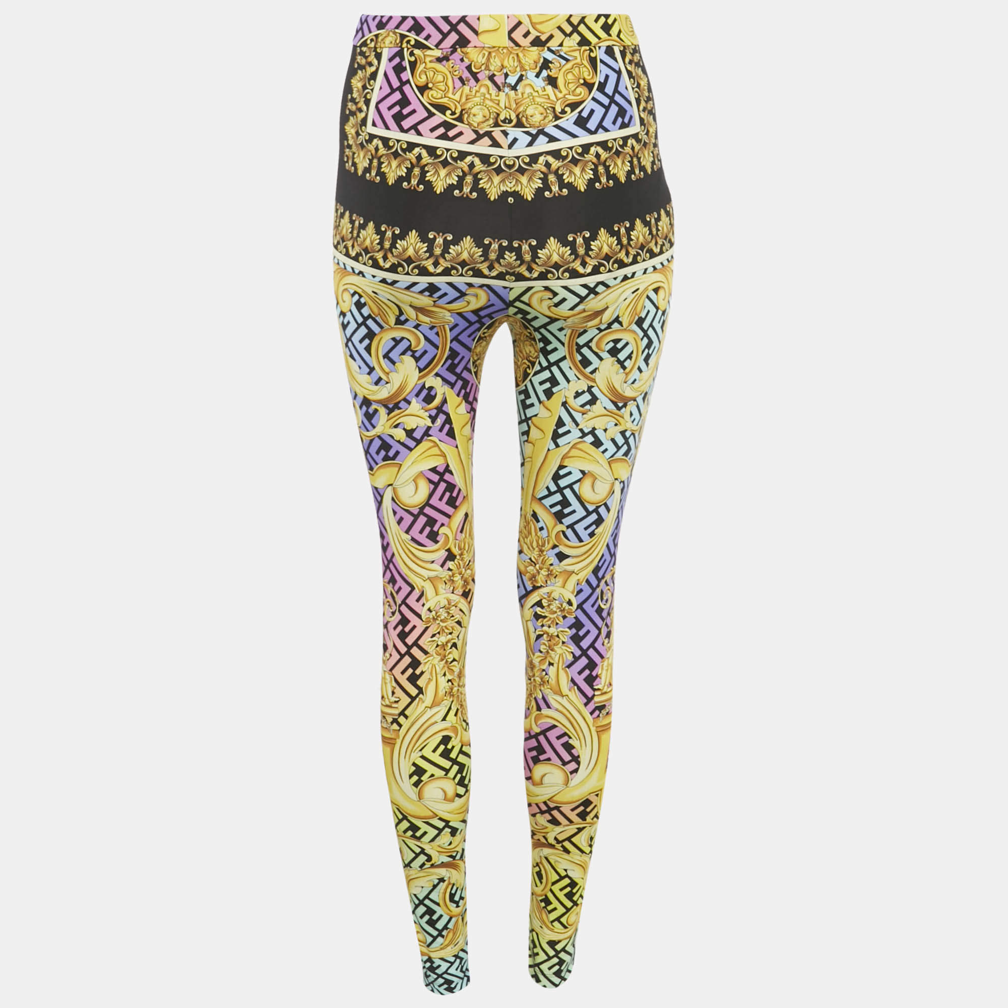 Pre Owned Fendance Purple/Yellow Barocco Print Jersey Leggings M