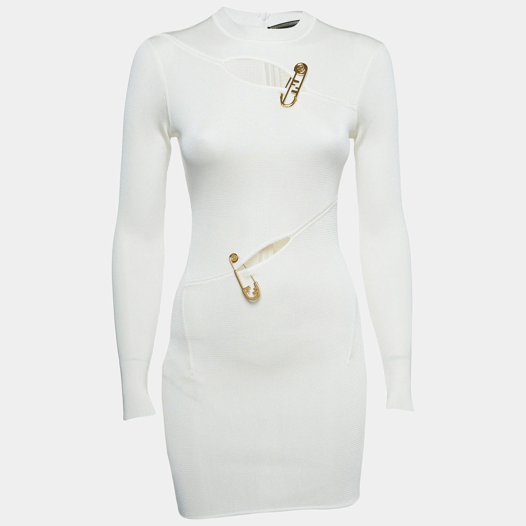 Fendi x Versace White Knit Pin Detail Cutout Mini Dress XS Fendi x