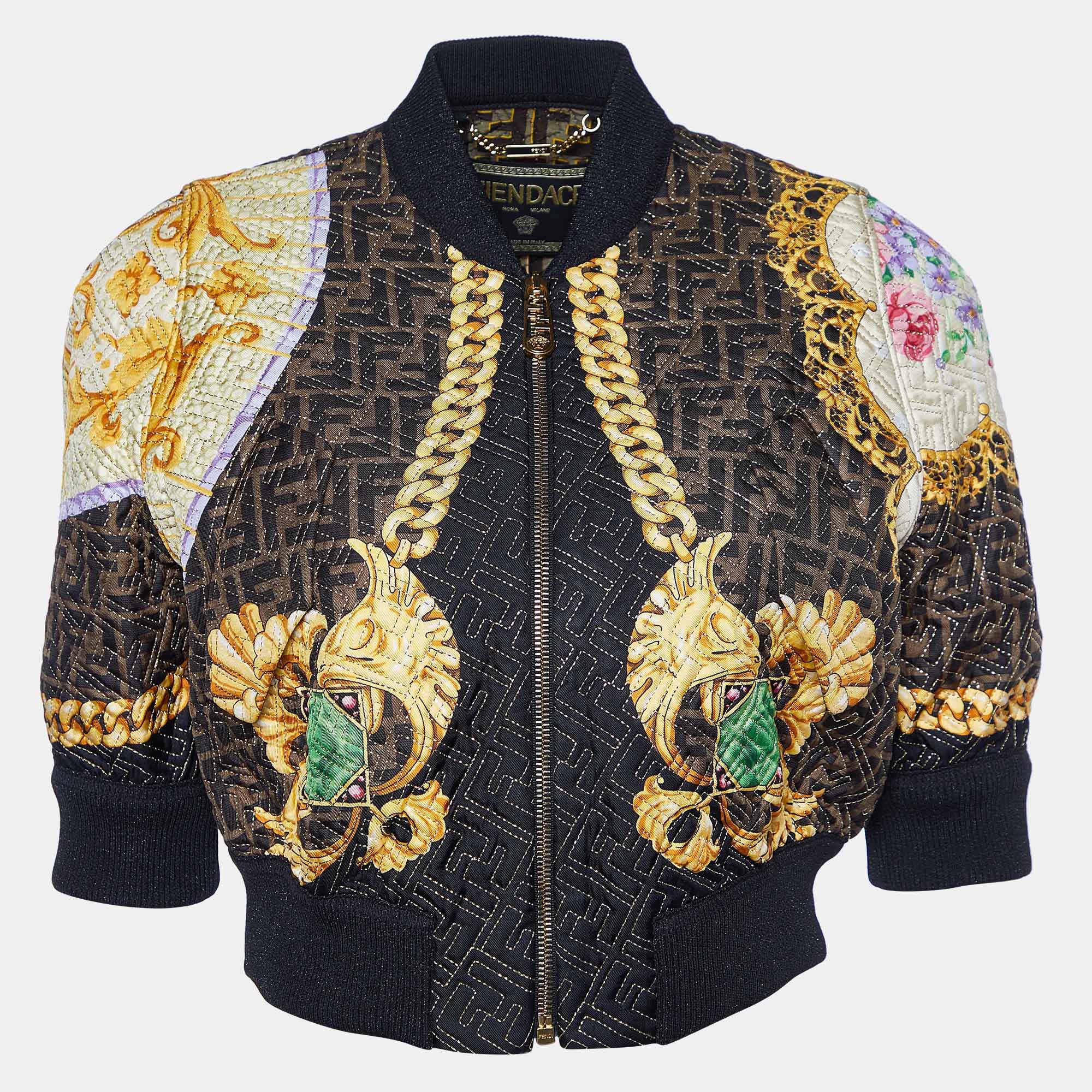 Fendi x Versace Brown Barocco FF Quilted Silk Cropped Jacket S
