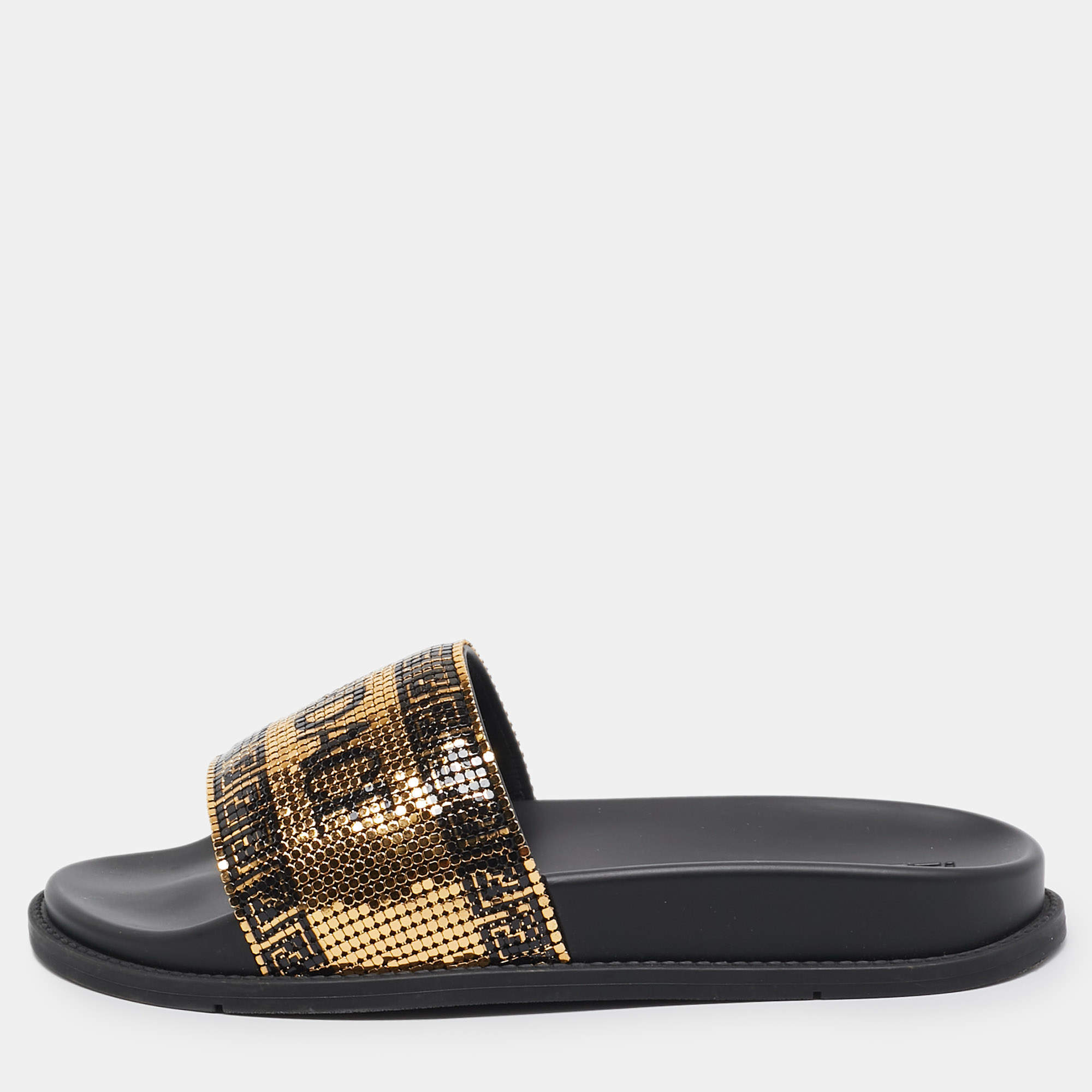Fendi x Versace Gold/Black Metal Mesh Pool Slides Size 38