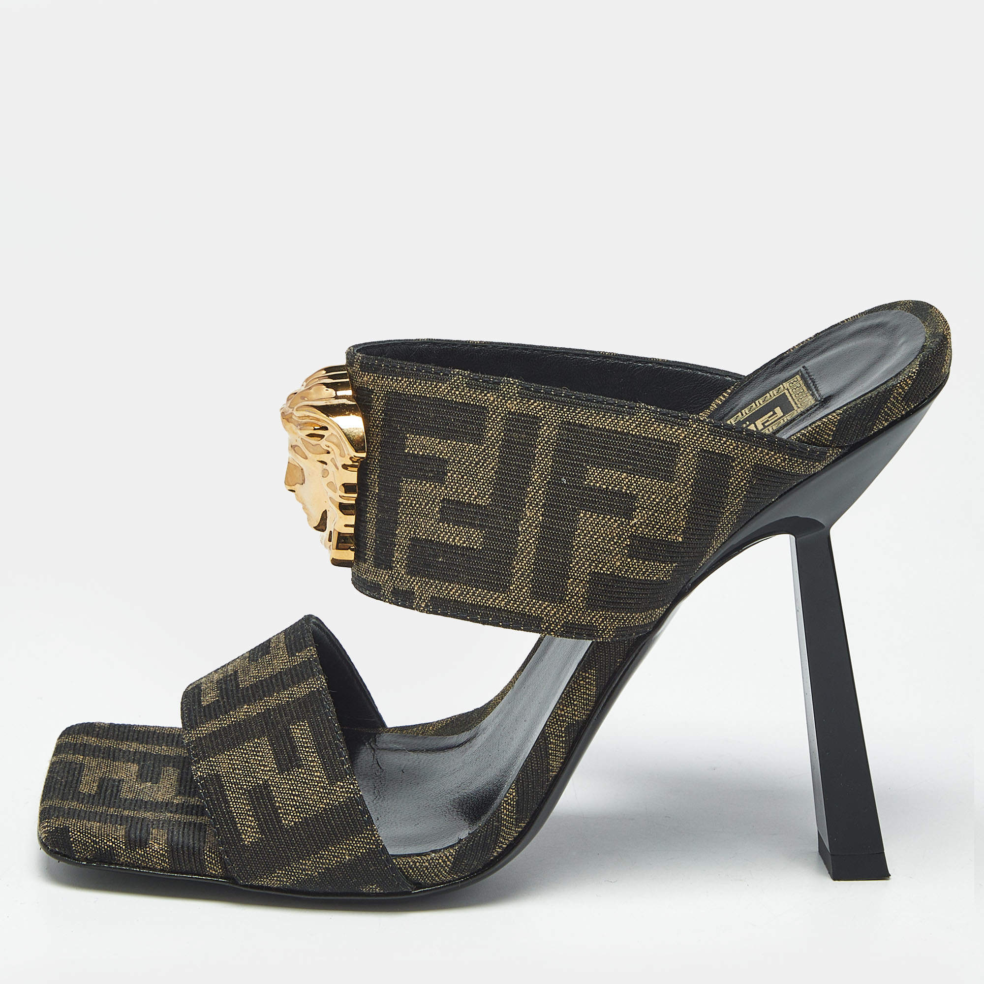 Pre Owned Fendi x Versace Brown Zucca Canvas Medusa Slide Sandals Size 36.5