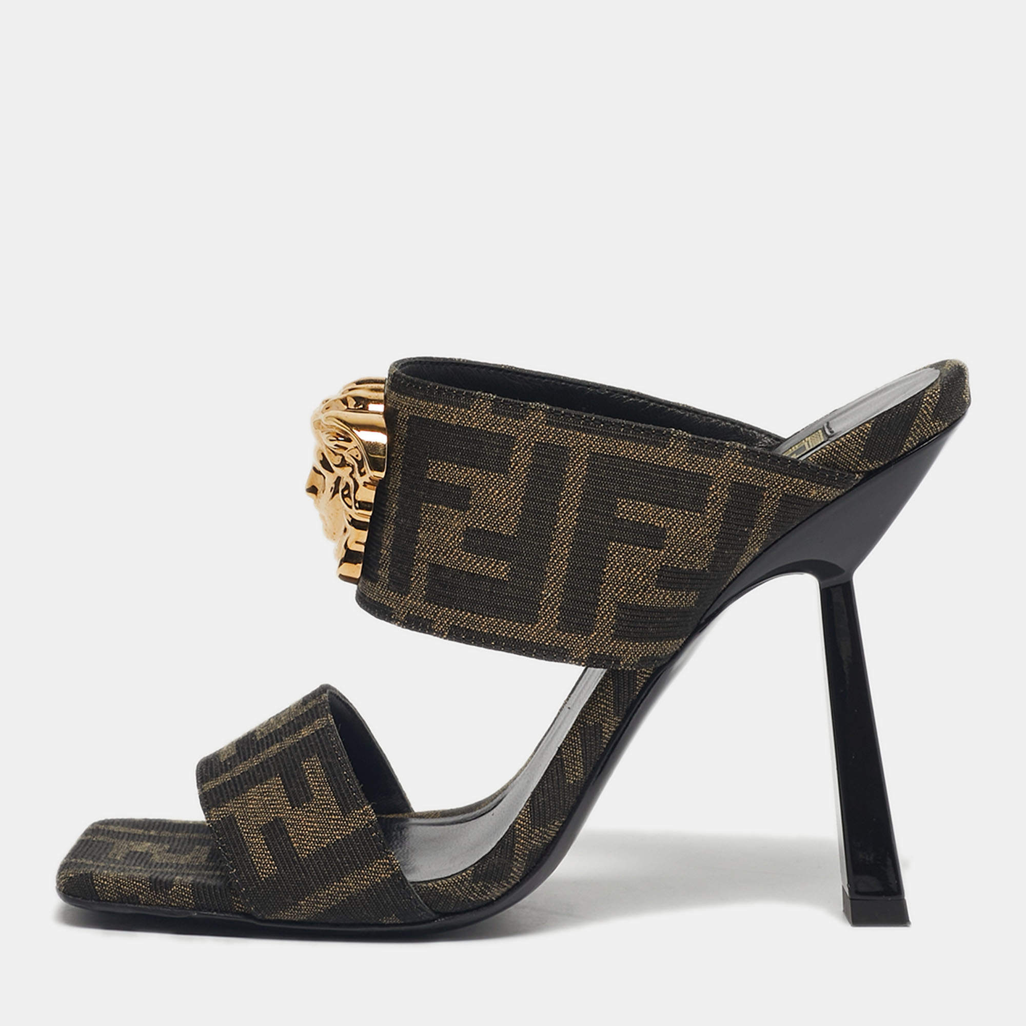 Pre Owned Fendi x Versace Brown Zucca Canvas Medusa Slide Sandals Size 36