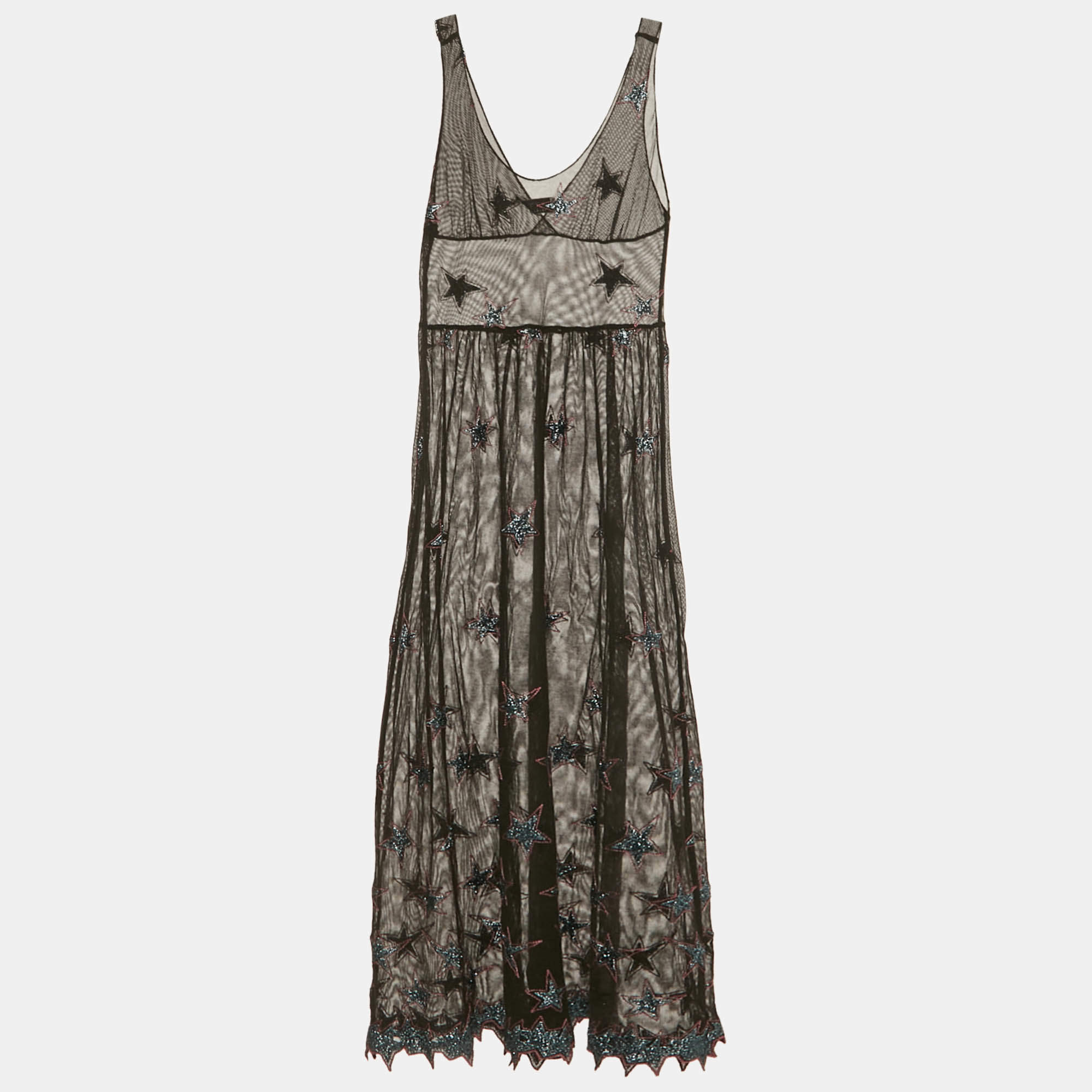 Pre Owned Fleur du Mal Black Star Embroidered Mesh Sheer Midi Dress M