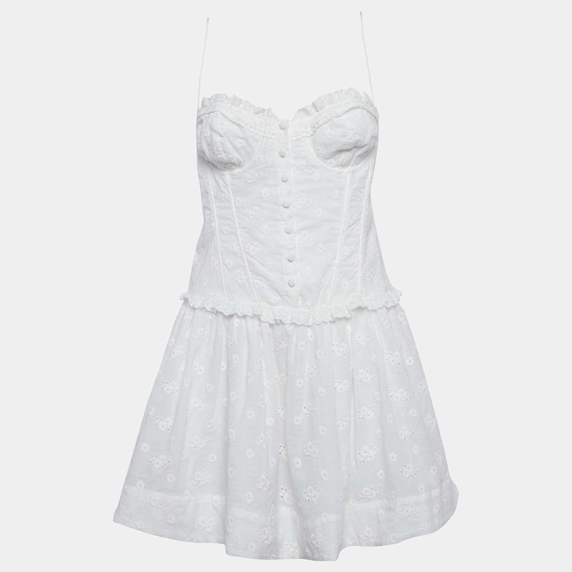 Pre Owned For Love And Lemons White Embroidered Cotton Sleeveless Mini Dress L
