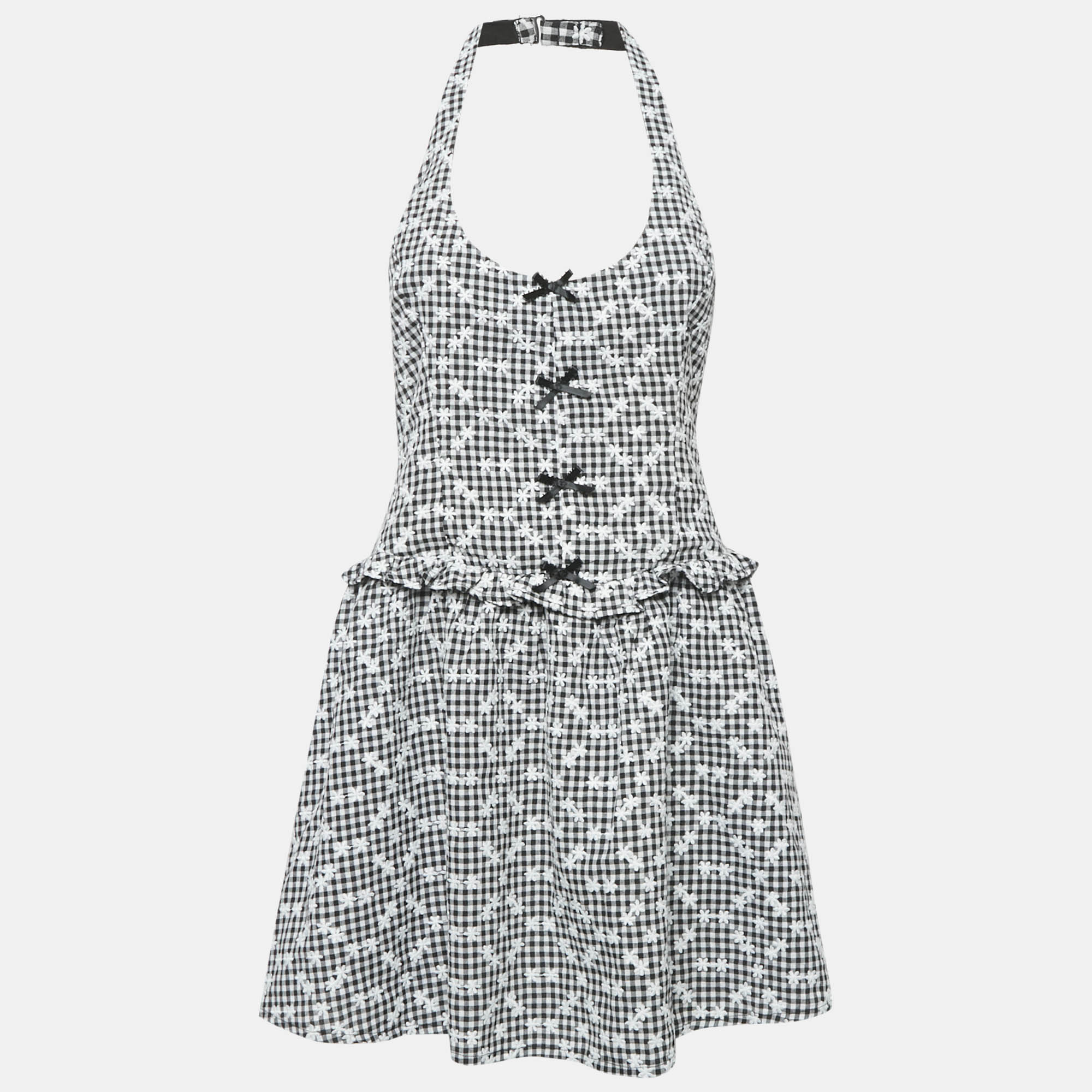 Pre Owned For Love & Lemons Monogram Floral Embroidered Checks Mini Dress M