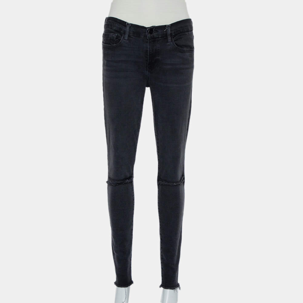 Frame Black Faded Denim Le Skinny de Jeanne Distressed Jeans M