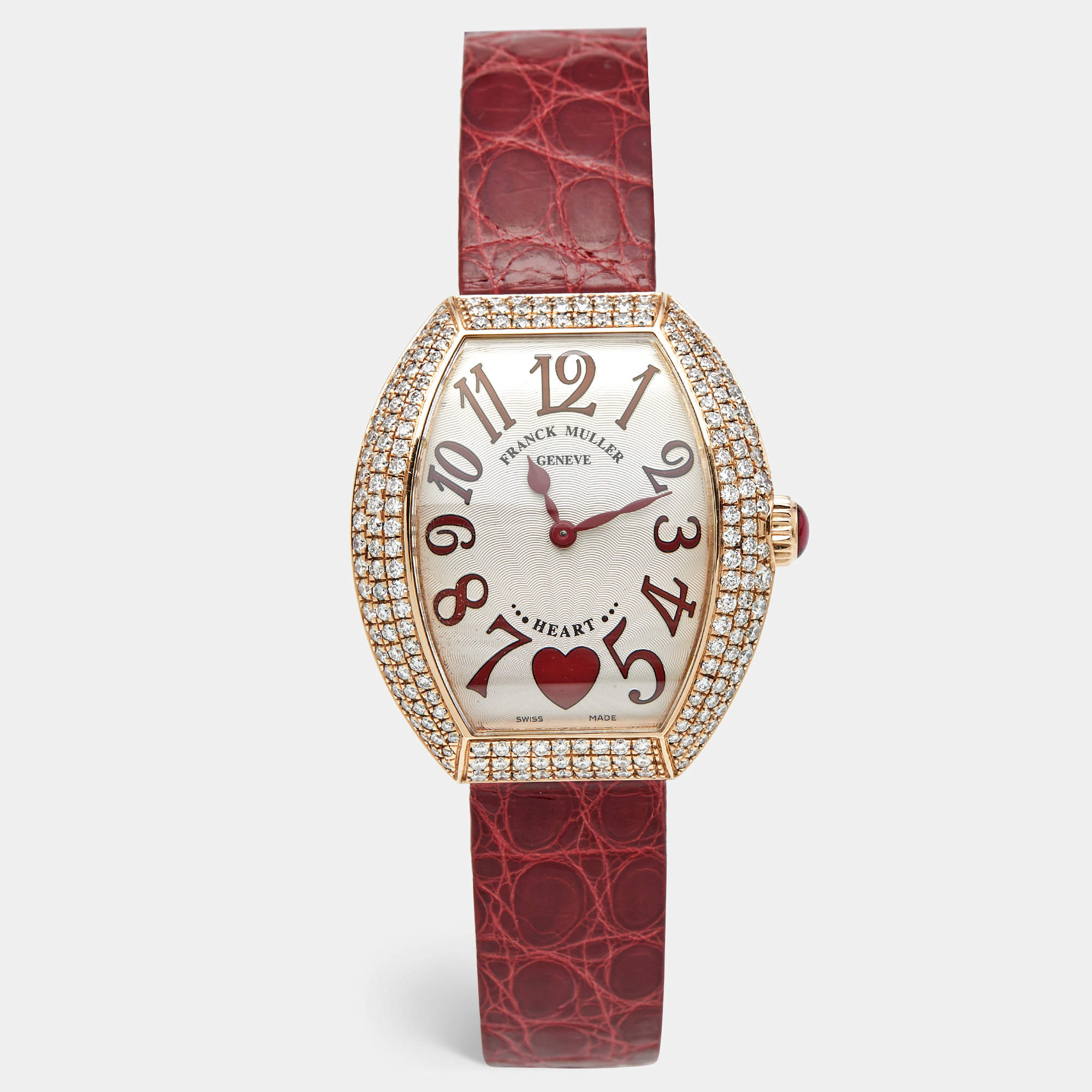 Pre Owned Franck Muller Silver Dial 18K Rose Gold Diamond Alligator Leather Heart 5002 M QZ Women's Wristwatch 34.50 mm