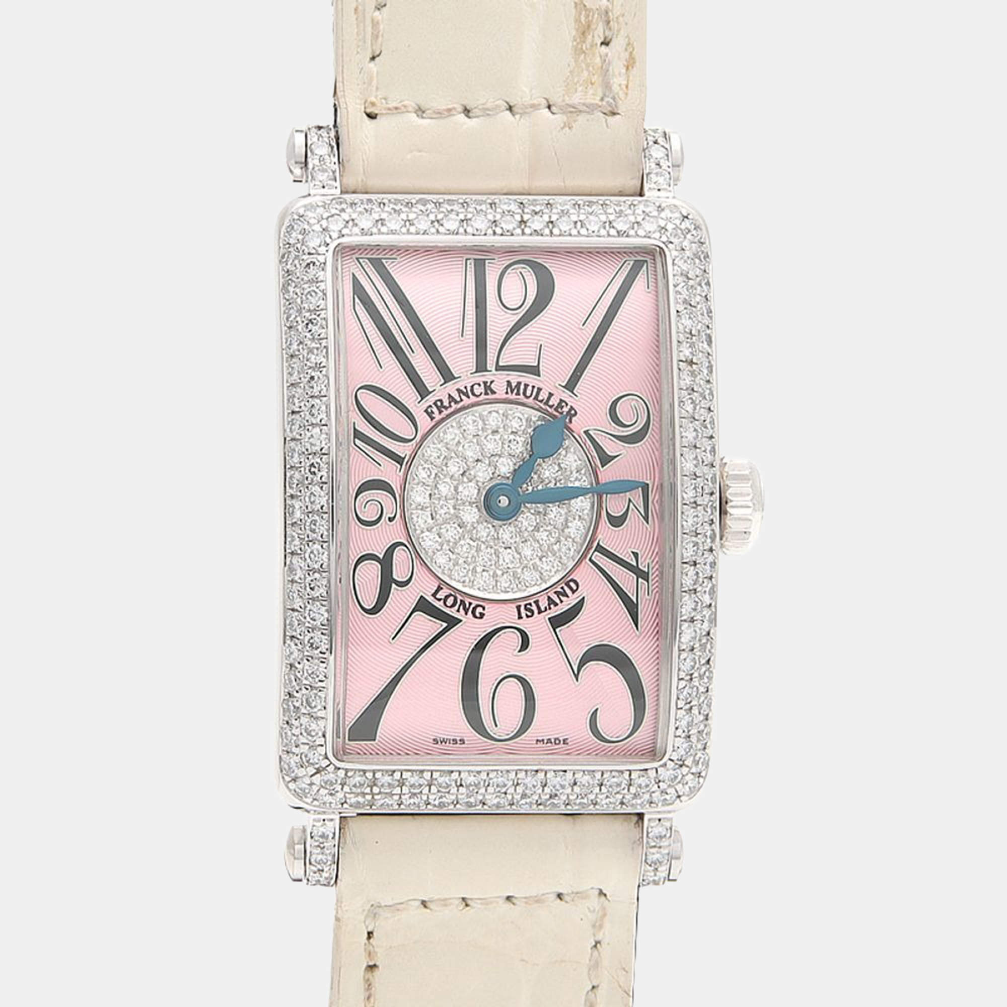 Pre Owned ساعة يد نسائية فرانك مولر لونغ آيلاند كوارترز ذهب أبيض مرصعة بالألماس 23 مم