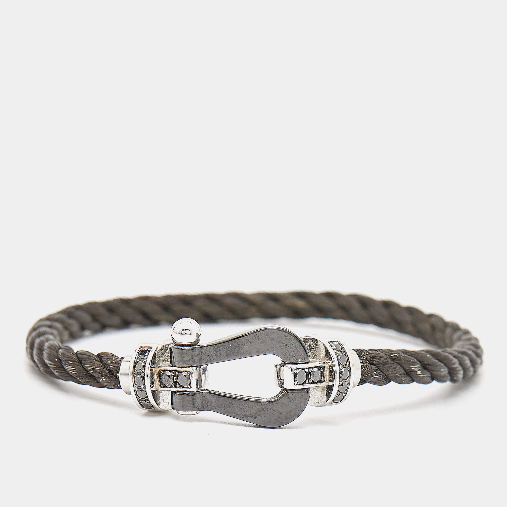 Fred Force 10 Cord Black Diamond Ceramic 18k White Gold Bracelet 16