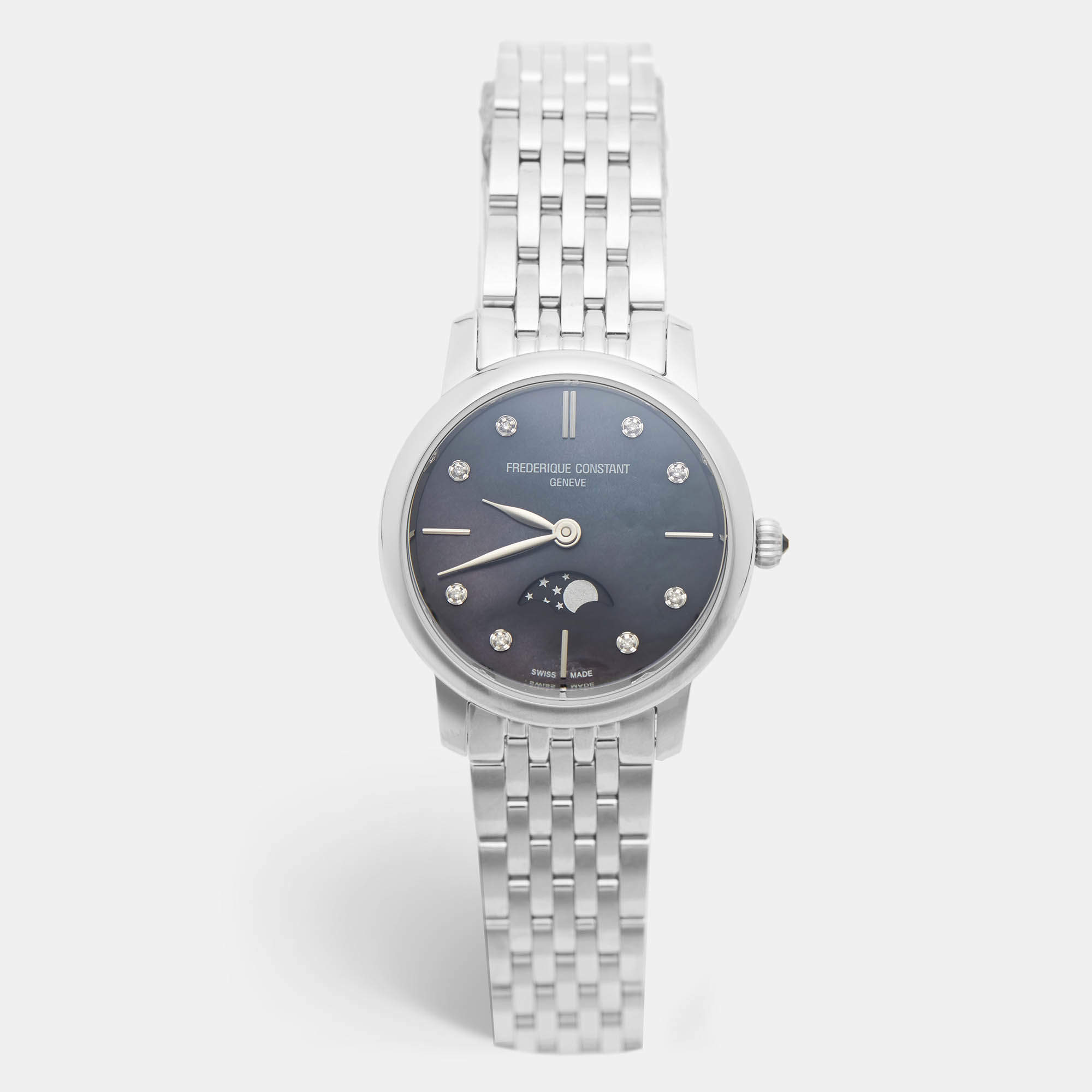 Pre Owned Frederique Constant Slimline Moonphase FC-206MPBD1S6B Black Mother Of Pearl Dial Stainless Steel Diamond Women's Wristwatch 30 mm