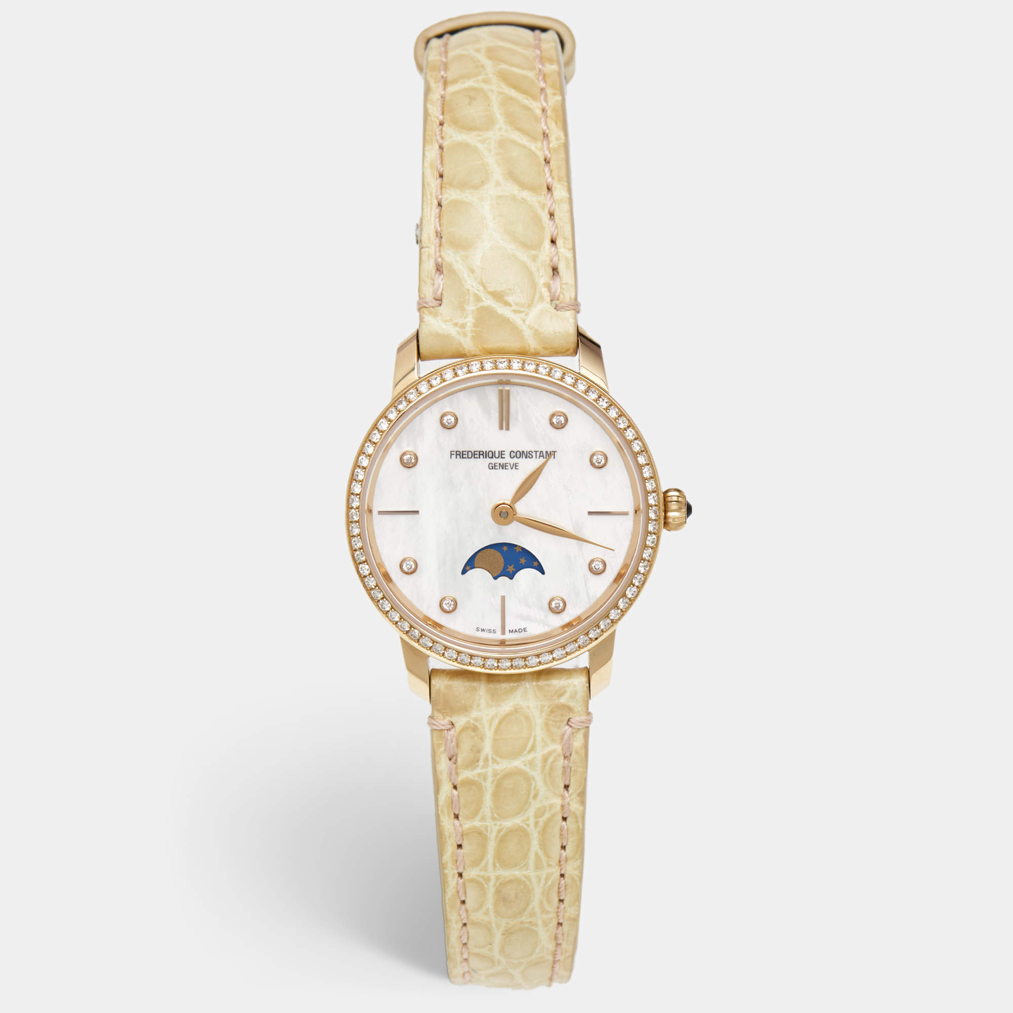 مملوكة مسبقًا Frederique Constant White MOP Slimline Moonphase 18K Gold FC-206MPWD1SD9 Women's Wristwatch 30MM