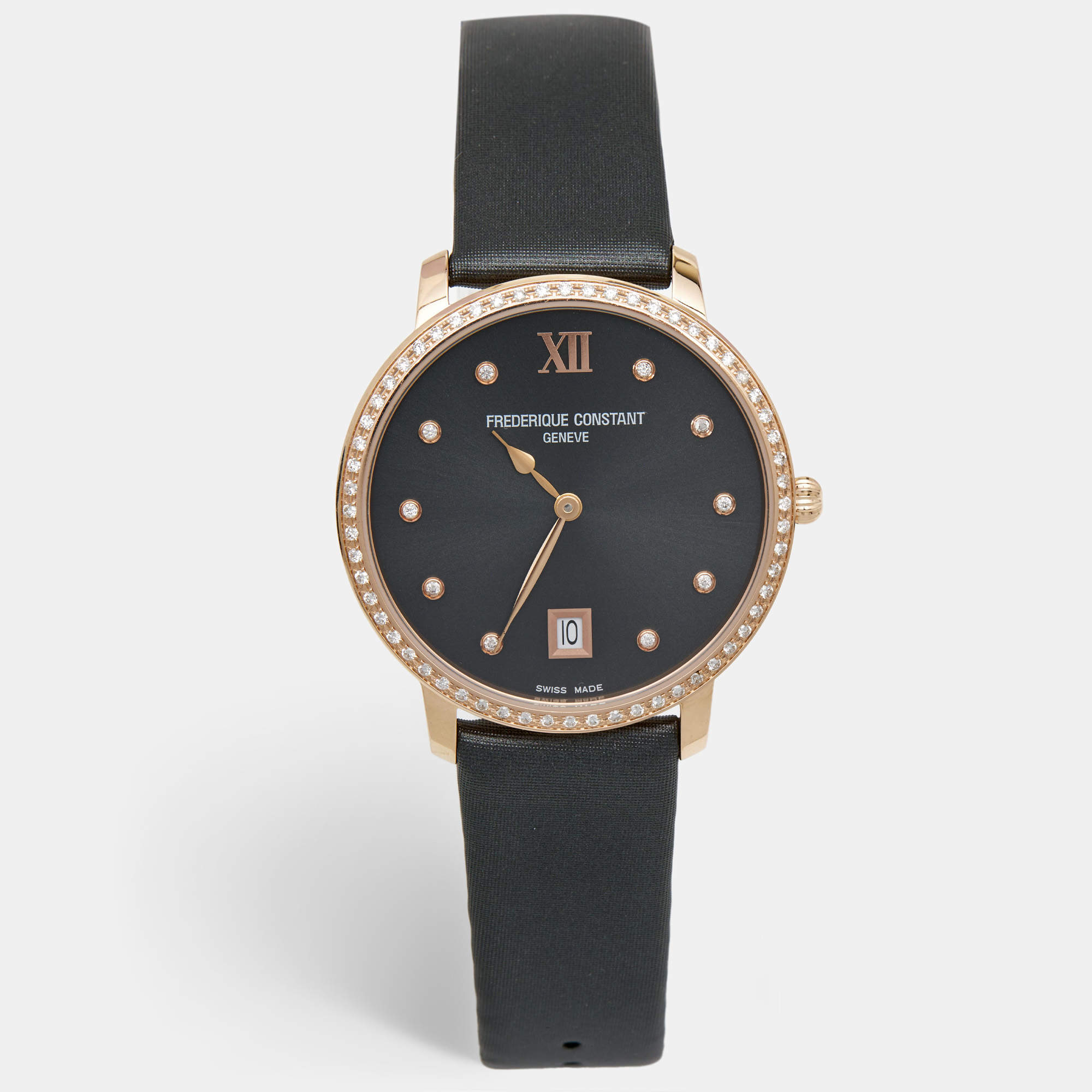 Frederique Constant Grey Rose Gold Plated Stainless Steel Satin Diamond Slim Line Joaillerie FC-220G44SD34 Women's Wristwatch 37 mm